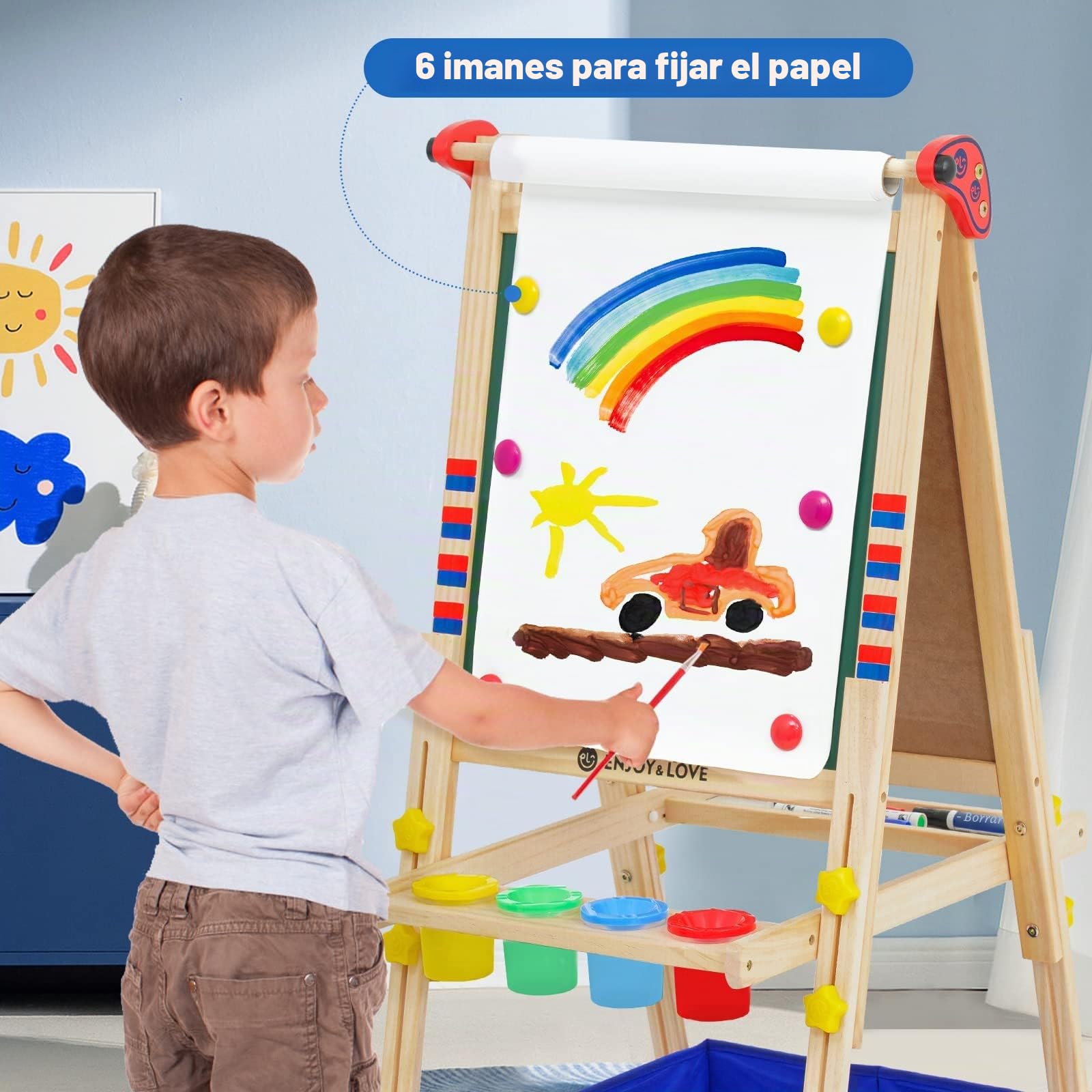 Caballete Pintura niños, tablero de Dibujo de Doble Cara de Madera, Caballete de Arte de Altura Ajustable con Números, Pergaminos y Otros Accesorios, adecuado para niños 2-15 años (Robot)