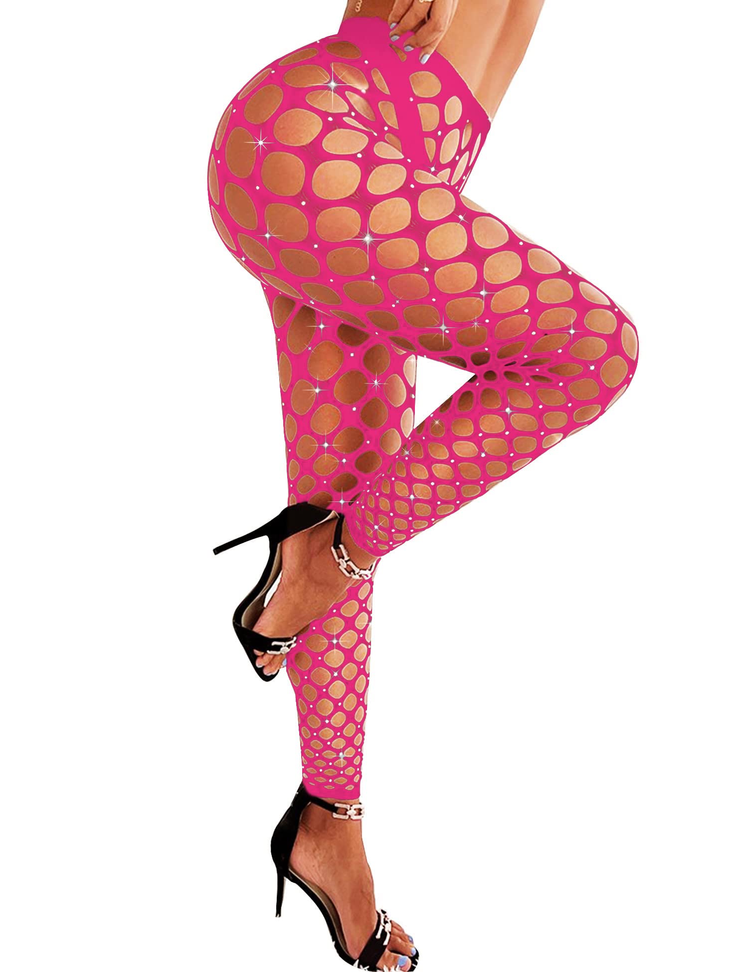 RSLOVE Women Sexy High Waist Tights Rhinestone Sparkle Fishnet Stockings Pantyhose Leggings Lingerie Pants One Size Rose Red