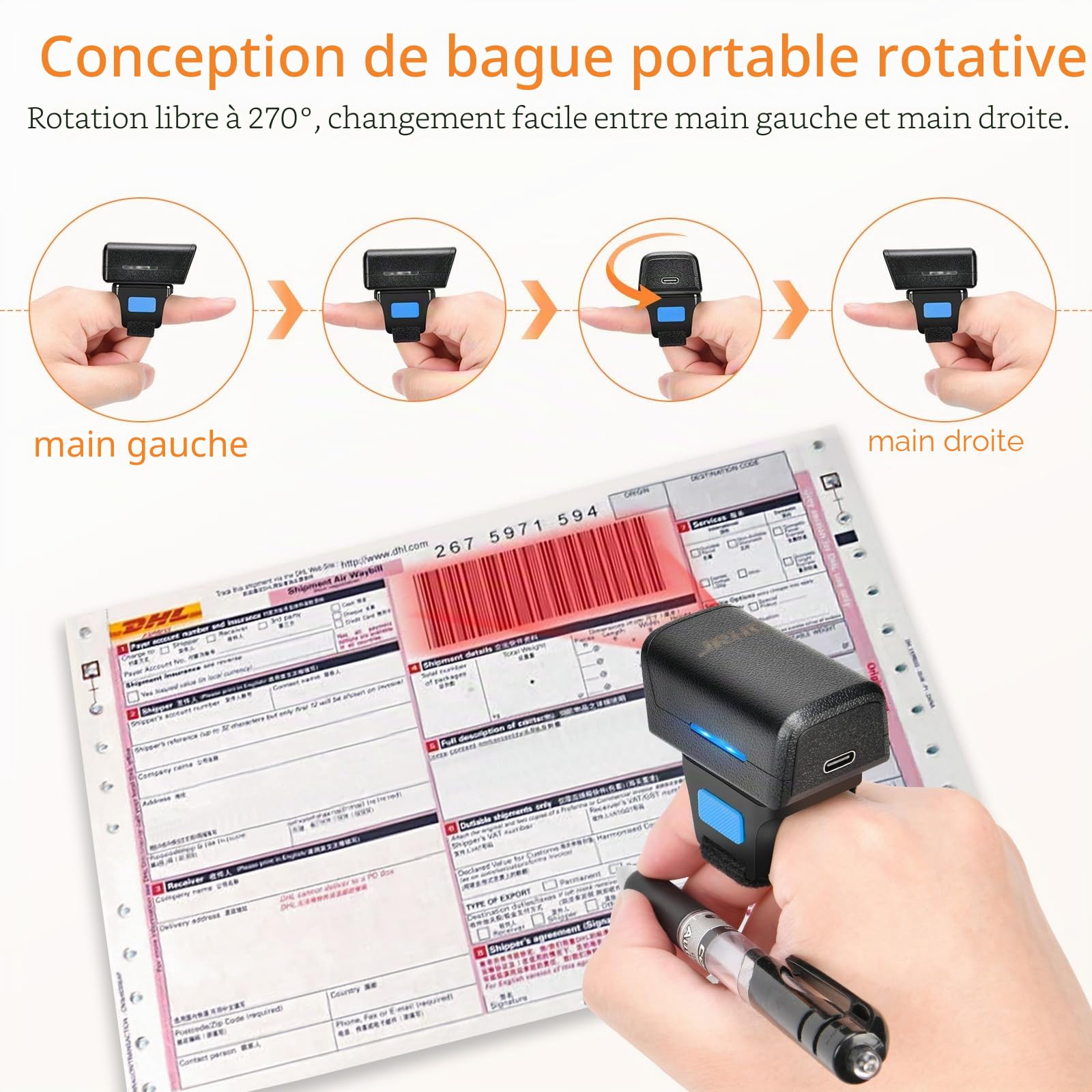 Scanner de Codes-Barres Portable Bluetooth 1D 2D - Mini Lecteur de Codes-Barres Portable avec Connexion sans Fil 2,4 GHz et câble USB
