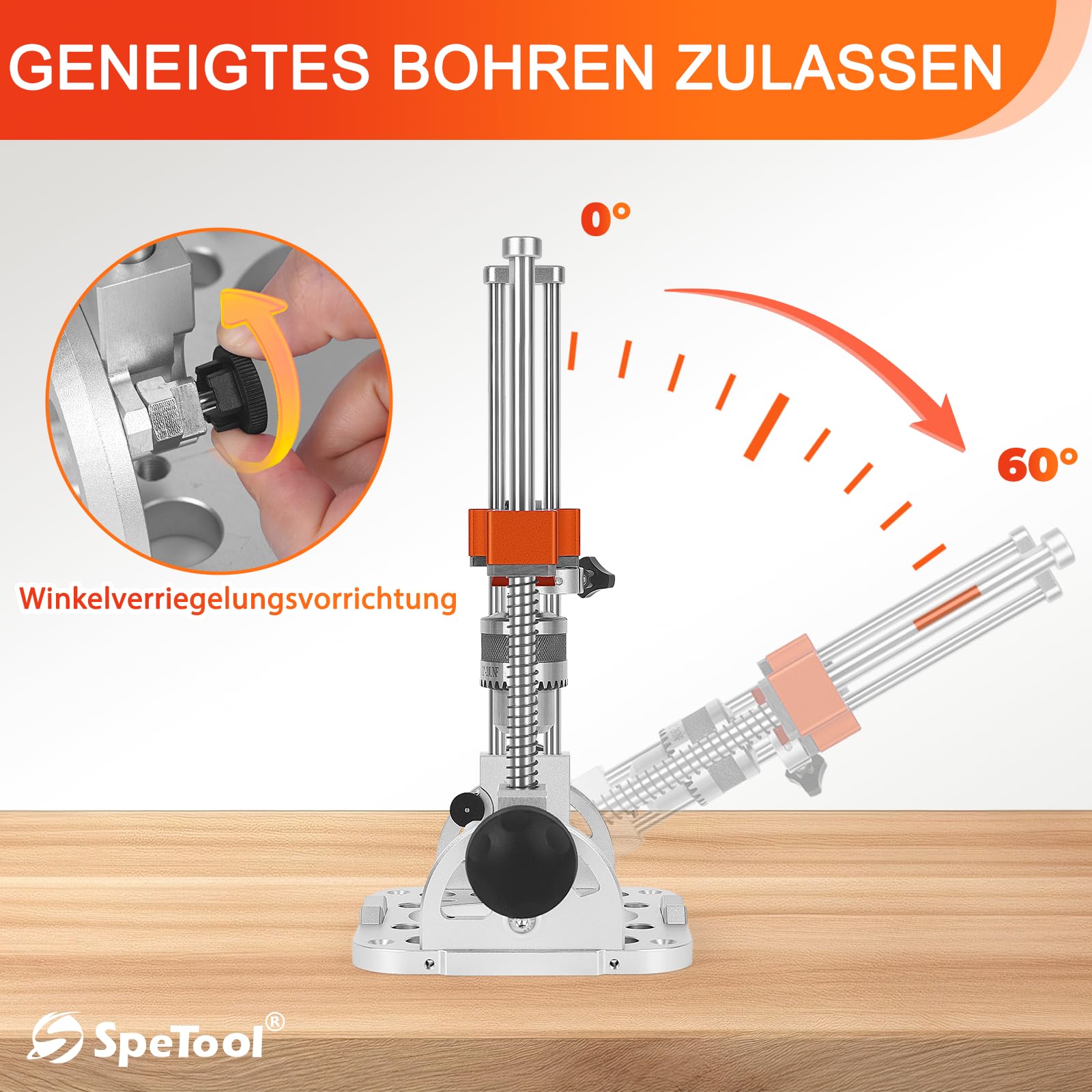 SpeTool Soporte de taladro para destornillador con rodamientos de bolas, barras guía, portabrocas de 1/2 pulgadas, soporte ajustable de 0 a 60°, soporte móvil para taladros rectos, trabajo de madera