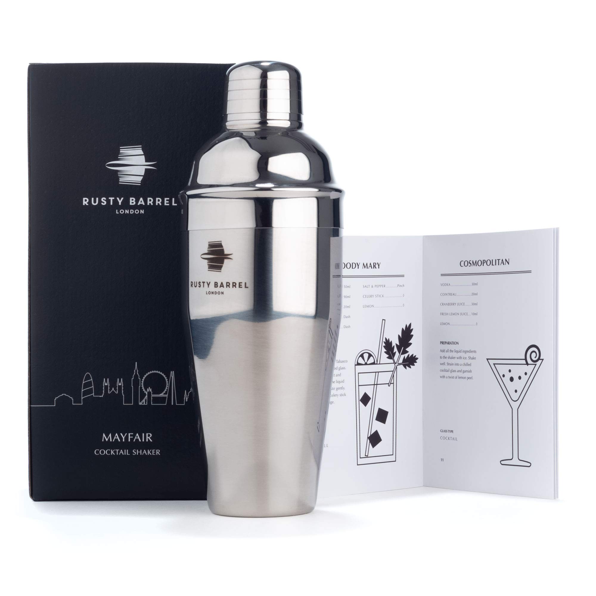 Rusty Barrel Mayfair Silver Cocktail Shaker - Large 750ml Manhattan Style Stainless Steel Shaker - Presented in a Gift Box (UK Brand)
