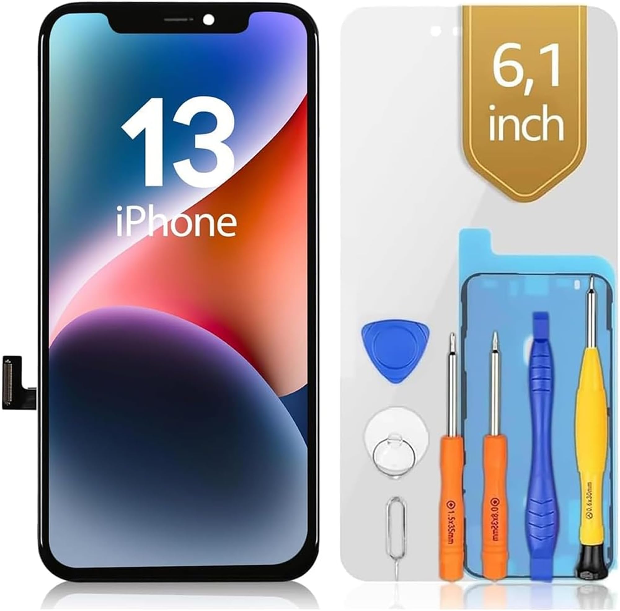 bokman Écran pour iPhone 13, 6,1" LCD de Remplacement kit de réparation | FHD LCD tactile, outils, joint adhésif et protecteur inclus, True Tone après programmation, A2482/A2631/A2633/A2634/A2635