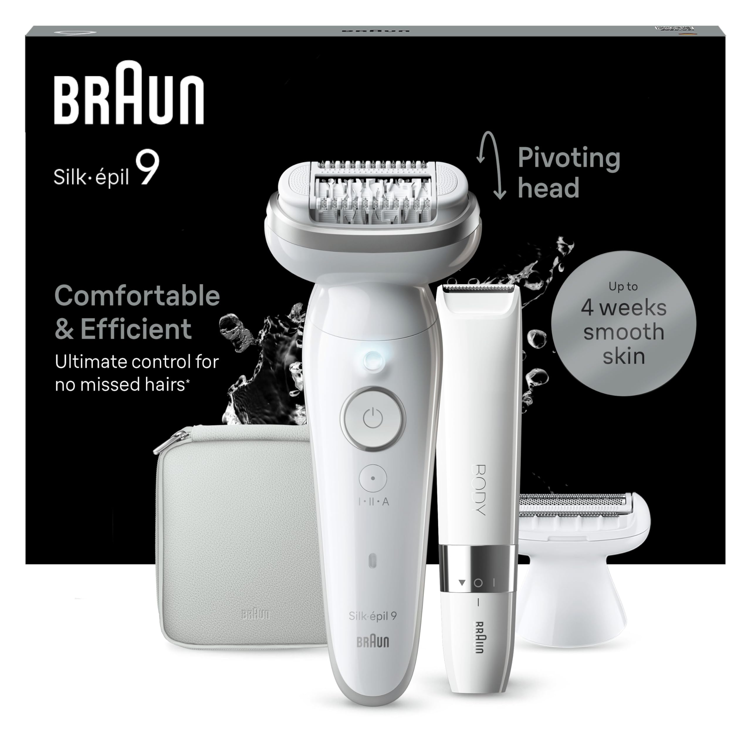 Braun Silk-épil 9, Epilator with Pivoting Head for Easy Hair Removal, Wet & Dry, Lasting Smooth Skin, with Lady Shaver Head & Trimmer Comb, 9-441, White/Silver with EU Plug