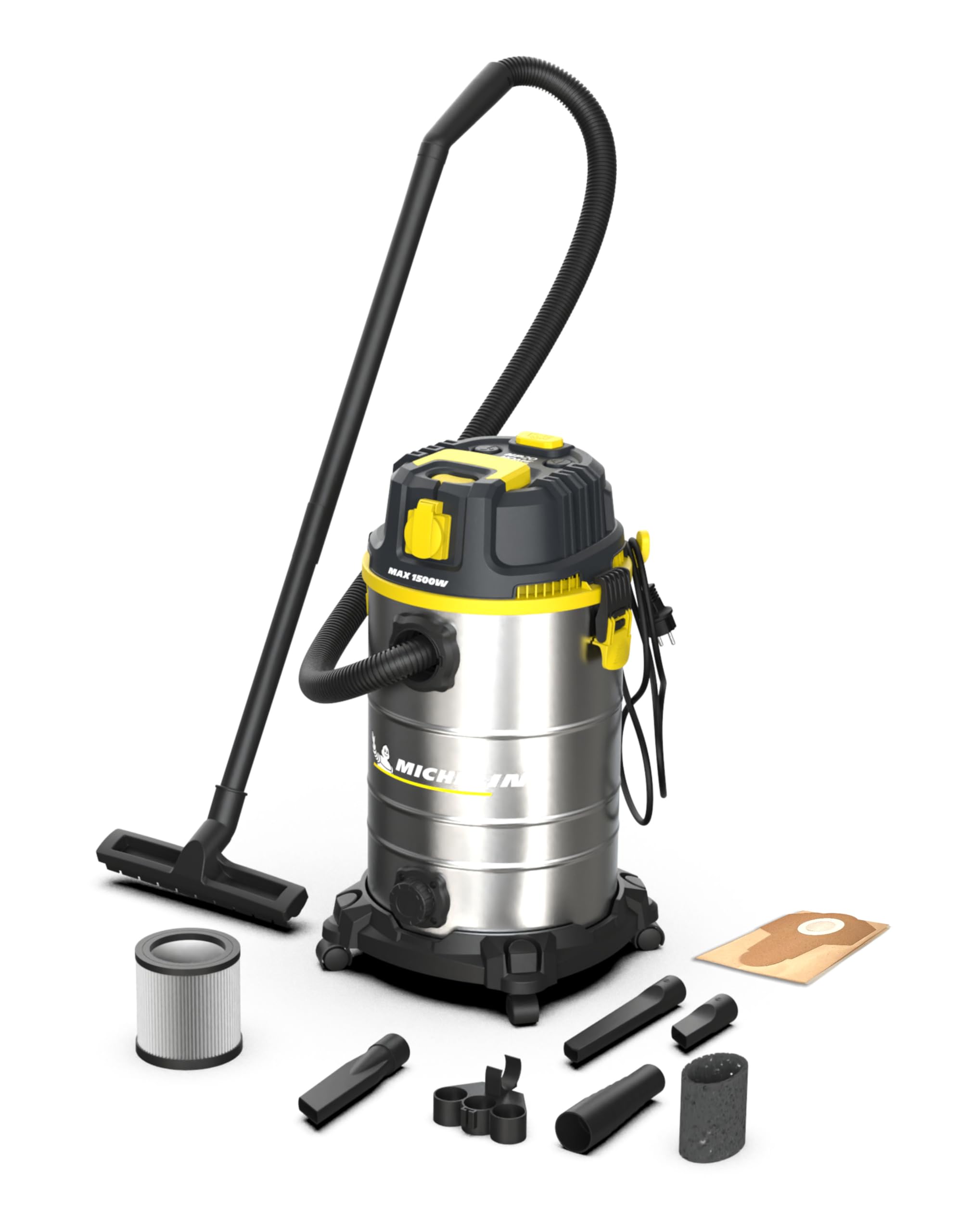 Michelin HP30PRO Aspirador Industrial 30L 1400W - Seco y Húmedo - Depósito INOX - Vibración Mecánica Filtro - Drenaje Líquidos - Cable 4m