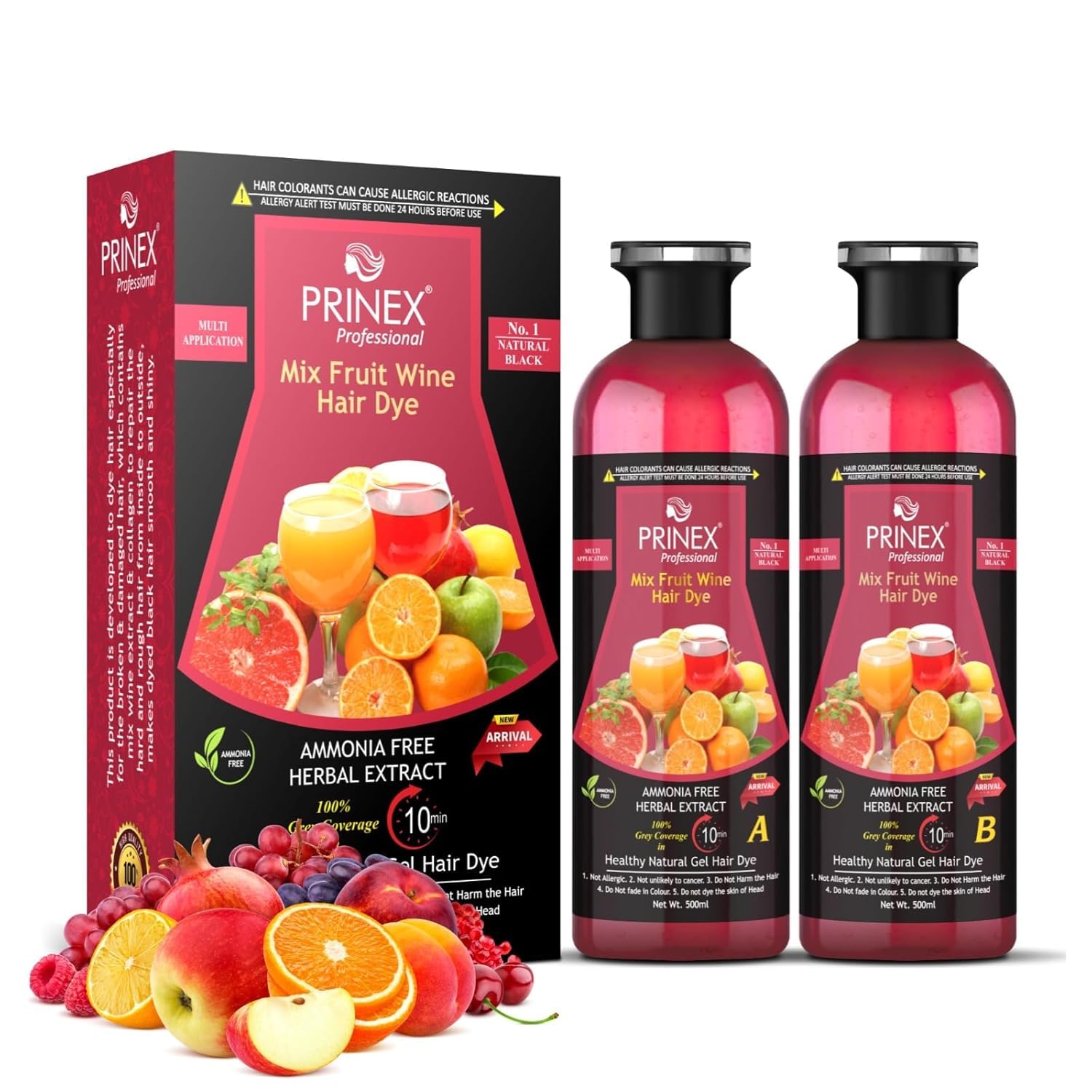 Prinex Mix Fruit Wine Hair Natural Black Gel color, 2x500ml | Ammonia Free, 100% Grey Coverage, Herbal Extract, Stain Resistant, Long Lasting-image-37
