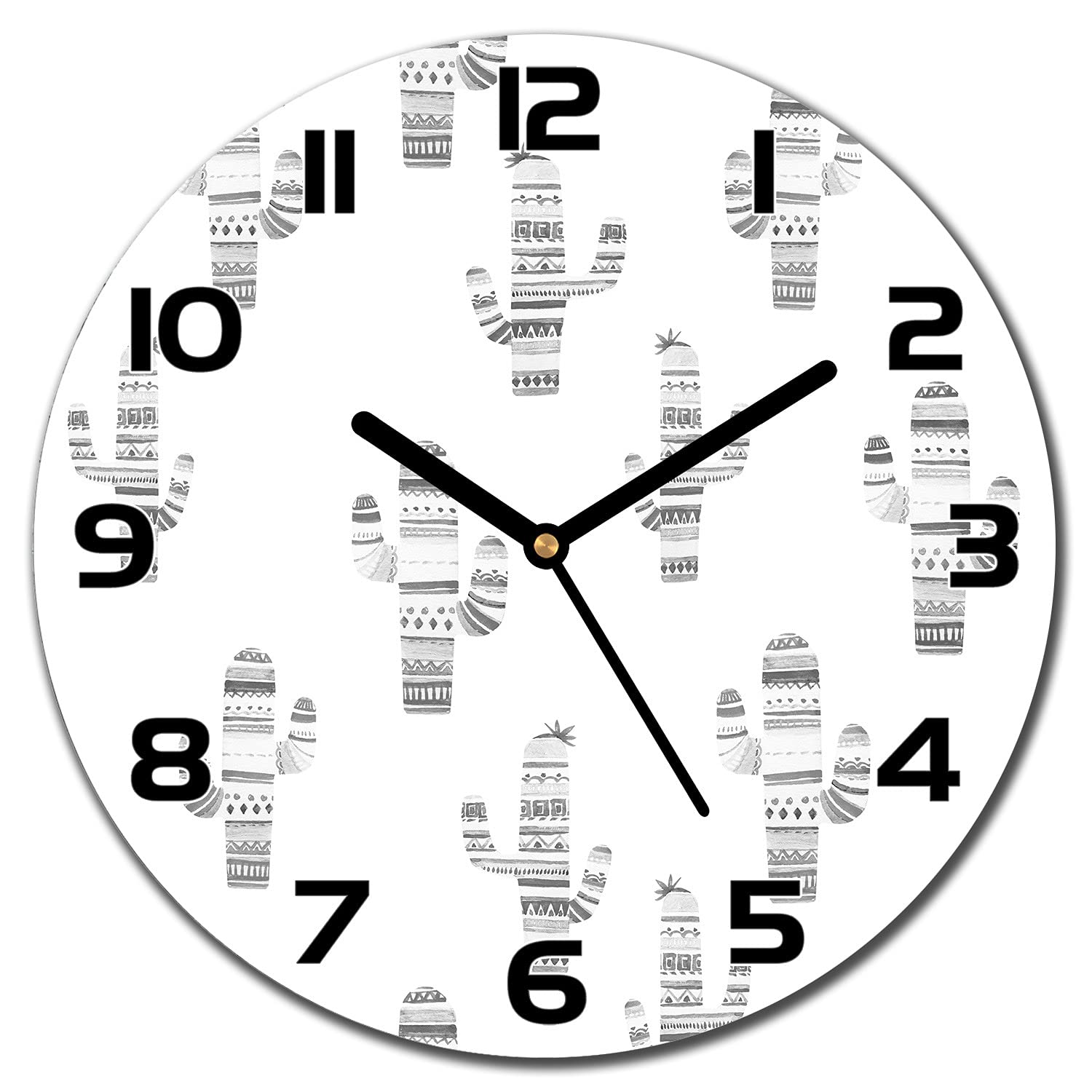 Horloge en verre 30 cm Coloray avec aiguilles noires et motif cactus minimaliste