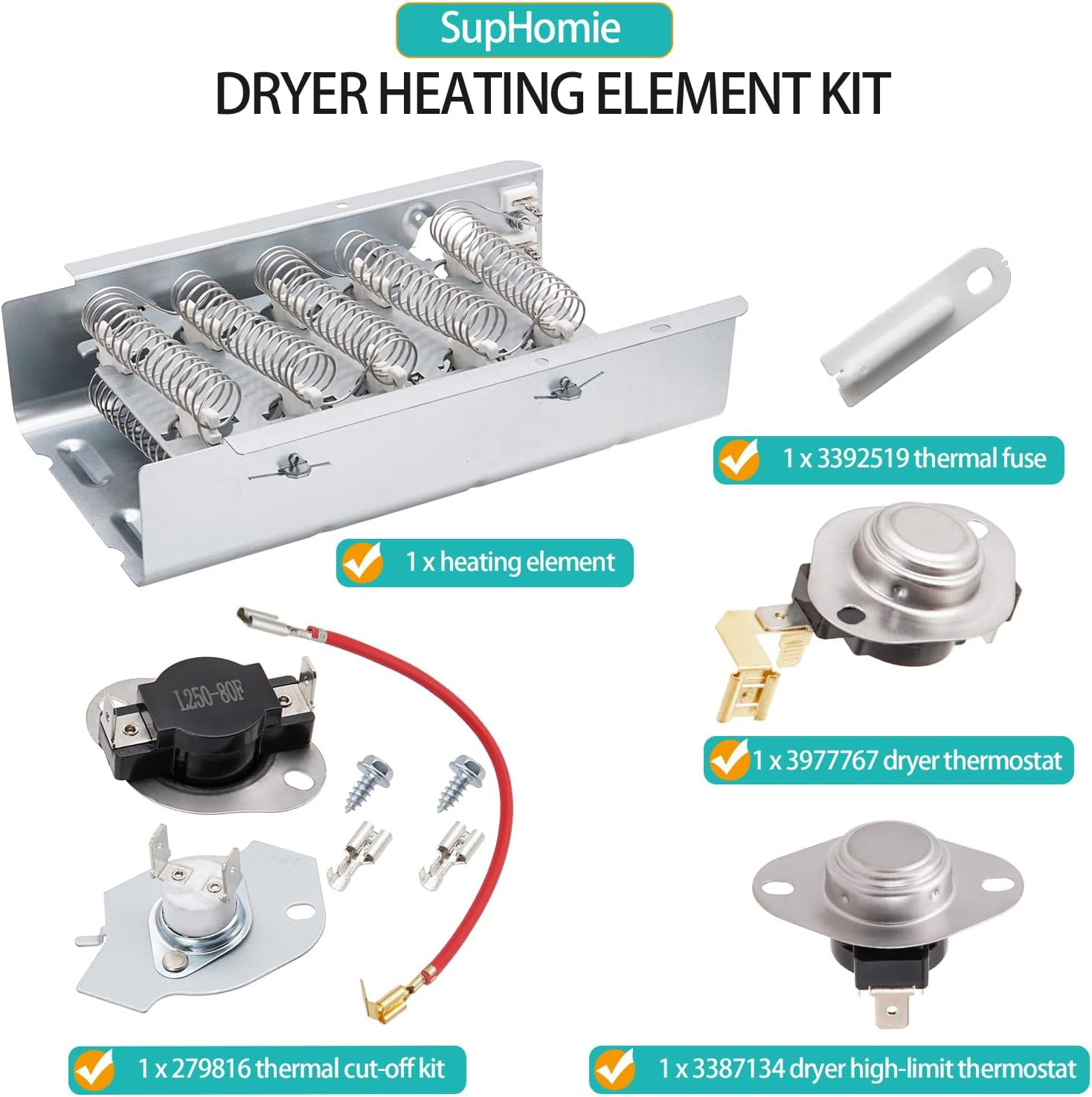 Dryer Heating Element Kit Fit for Whirlpool LER4634EQ1 LER4634EQ2 LER4634JQ1 LER4634PQ0 LER4634PQ1 LER5620KQ1 LER5636EQ3 LER5636EQ2 LER3624EQ1 LER3624EQ0 LER3624JQ0 LER3624JQ1 LER4624DQ1 etc