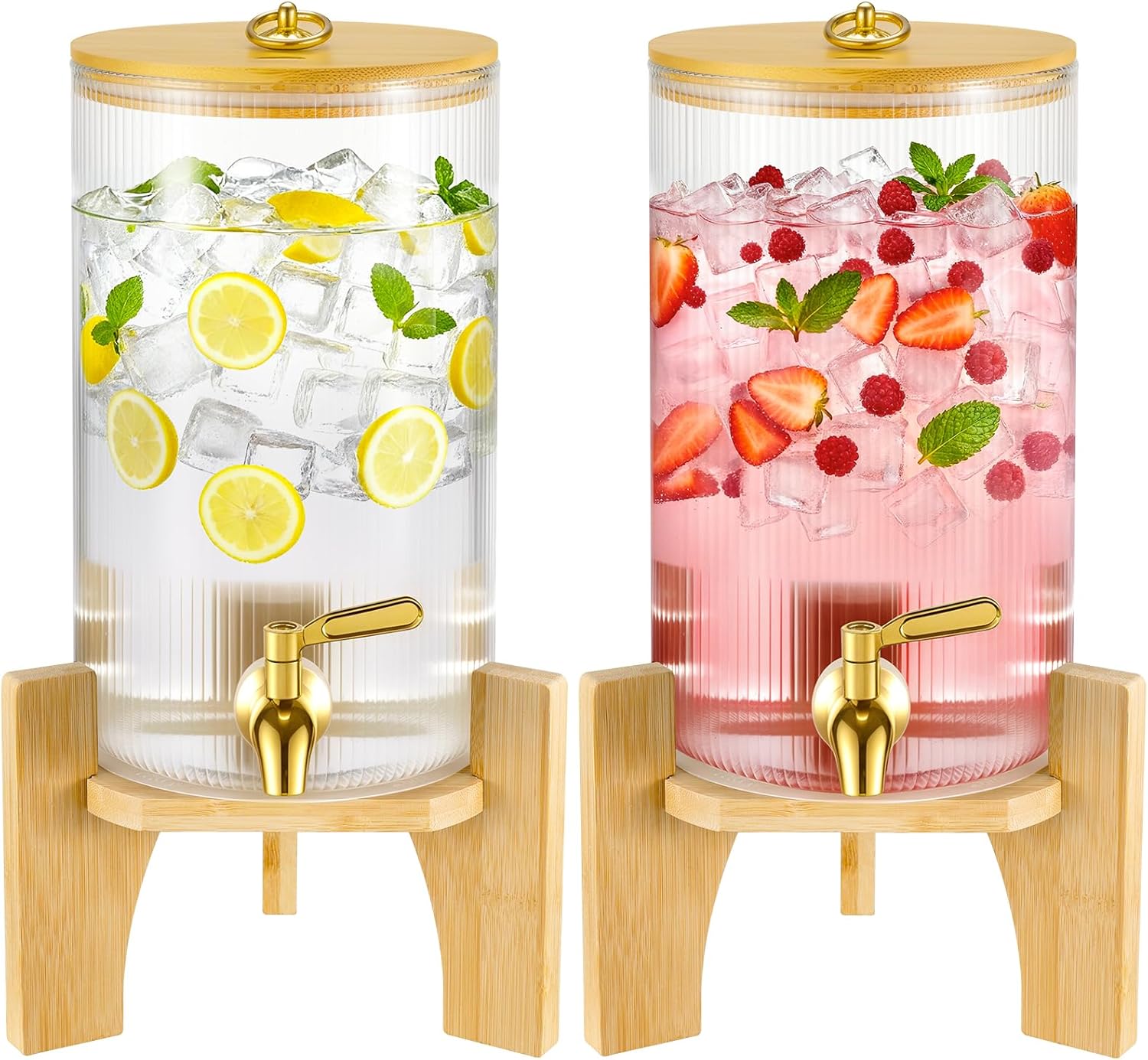 NiHome 2-Pack 1.3 Gallon Drink Dispenser for Parties, 4.9 L Glass Iced Beverage Dispenser, Large Glass Party Drink Dispensers for Lemonade, Tea, Juice & Bamboo Lid, Wood Stand & Stainless Steel Spigot