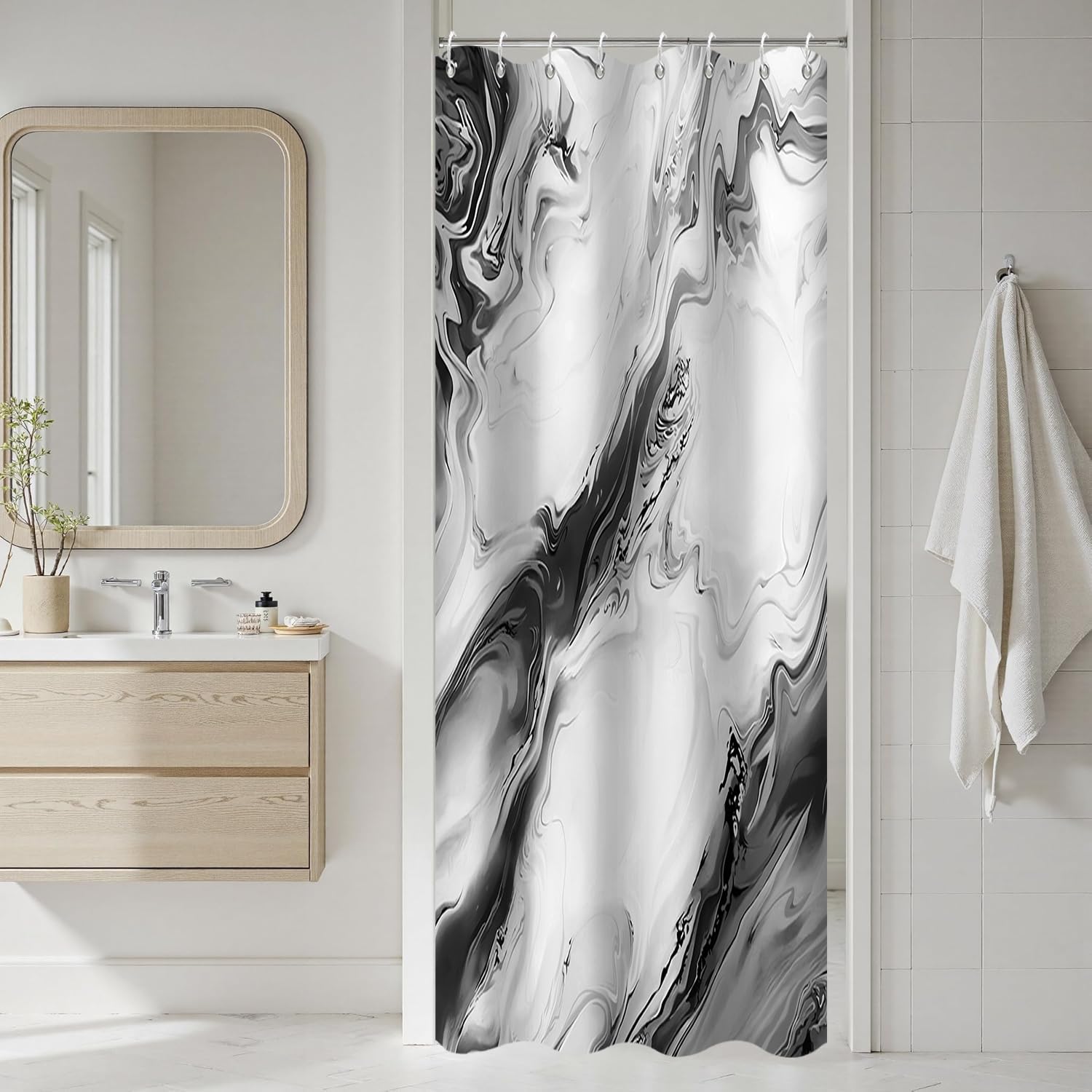 GCIREC Shower Curtain, 90x180cm, Black Modern Abstract Art Watercolor Marble Gradient Waterproof Fabric Machine Washable Bathroom Curtain with Hooks — image 1