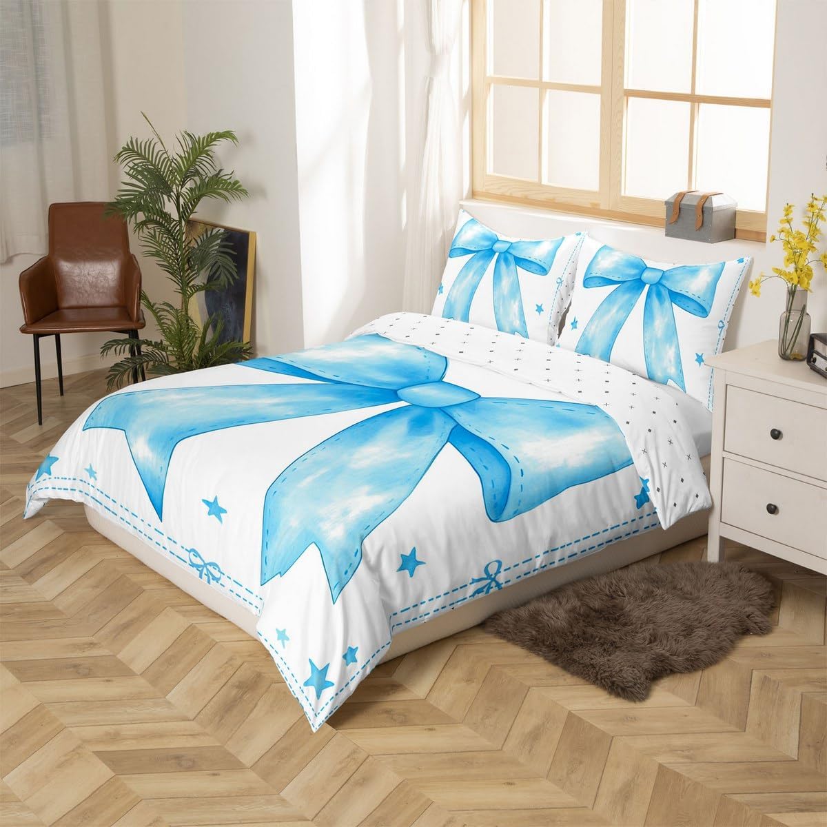 jejeloiu Girls Blue Bowknot Duvet Cover Dreamy Princess Bow Bedding Set Toddler Size for Kids Boys Girls Cute Bow Tie Comforter Cover,No Comforter