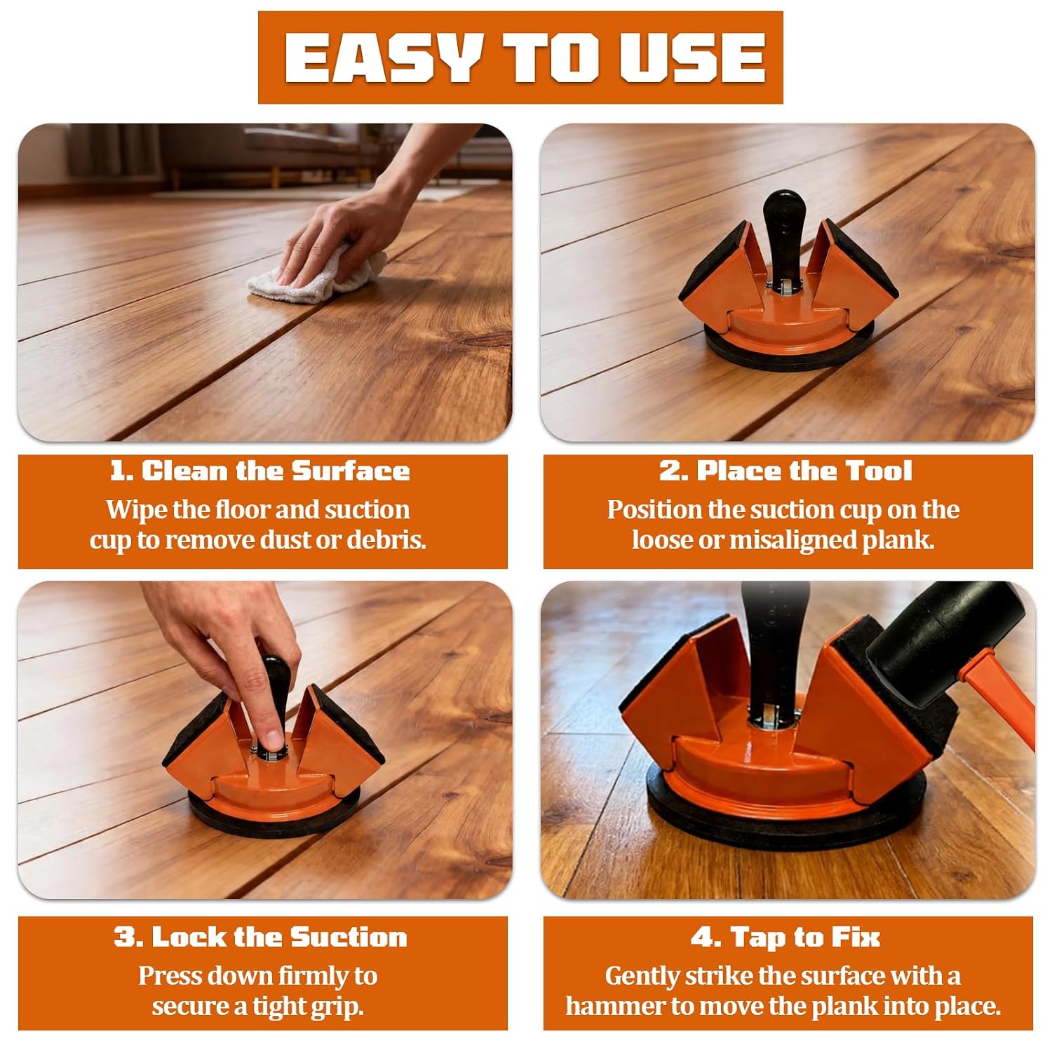 Floor Gap Fixer Tool with Strong Suction Cup & 45° Striking Surface,Includes Slot Cutter,Rubber Mallet,2 Felt Pads and 5 Clear Shims,for Laminate,Vinyl and Solid Wood Flooring Installation & Repair