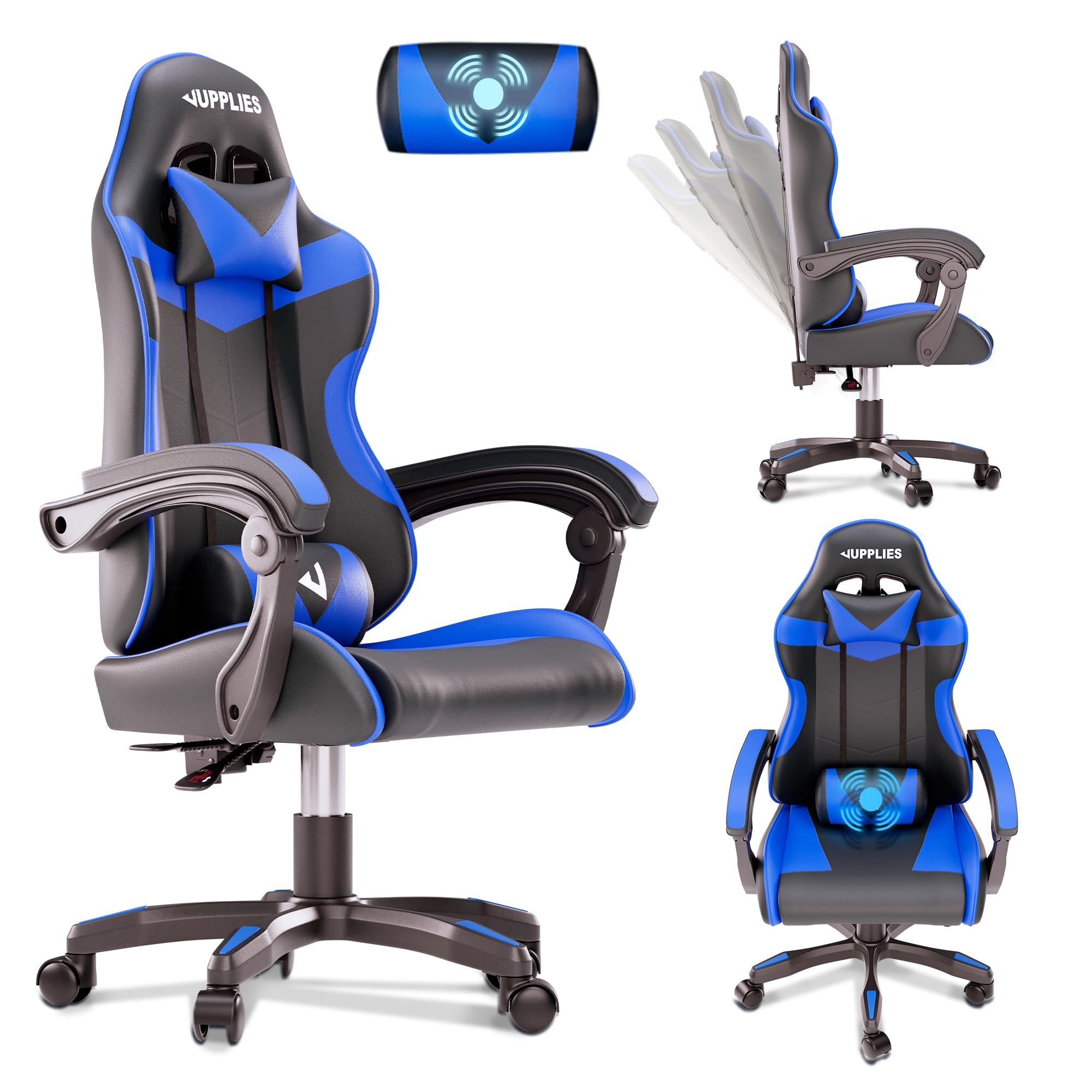 JUPPLIES Silla Gaming Profesional con Masajeador - Silla de Oficina Ergonómica sin Reposapiés, Altura Regulable y Respaldo Abatible - Silla Gamer para Juegos