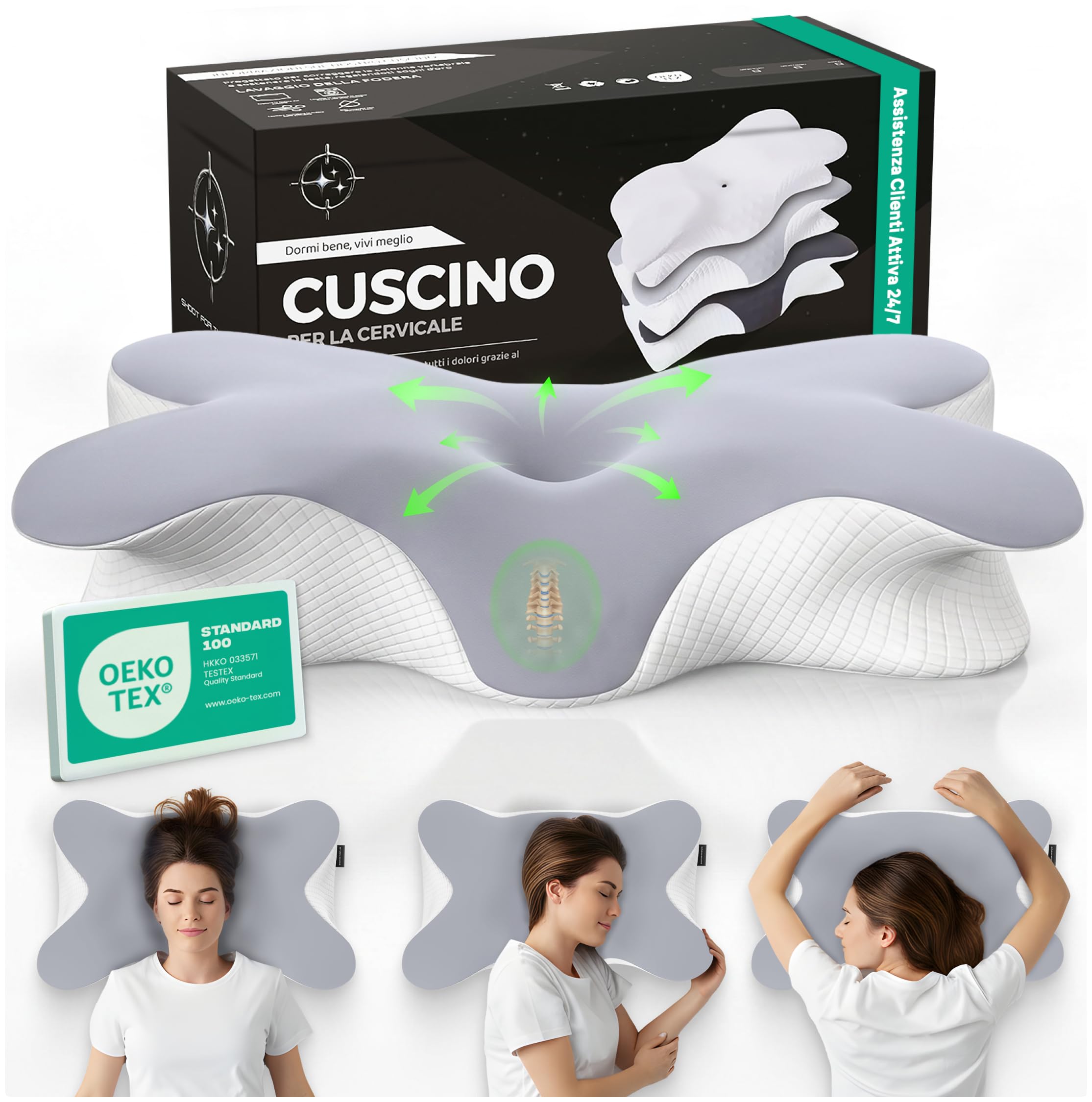 Shootforthestars Almohada cervical para dormir de espuma viscoelástica cómoda desde la primera noche – Almohada ortopédica cervical ergonómica para dormir de lado o boca arriba desenfundable y lavable