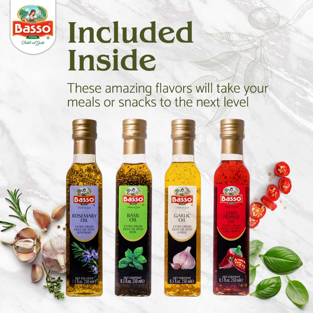 BASSO 1904 - Infused Extra Virgin Olive Oil Gift Box Set, First Cold Pressed, Variety Pack, 4 bottles x 8.5 fl.oz (250ml), Naturally Infused for Dipping & Tasting - Image 8
