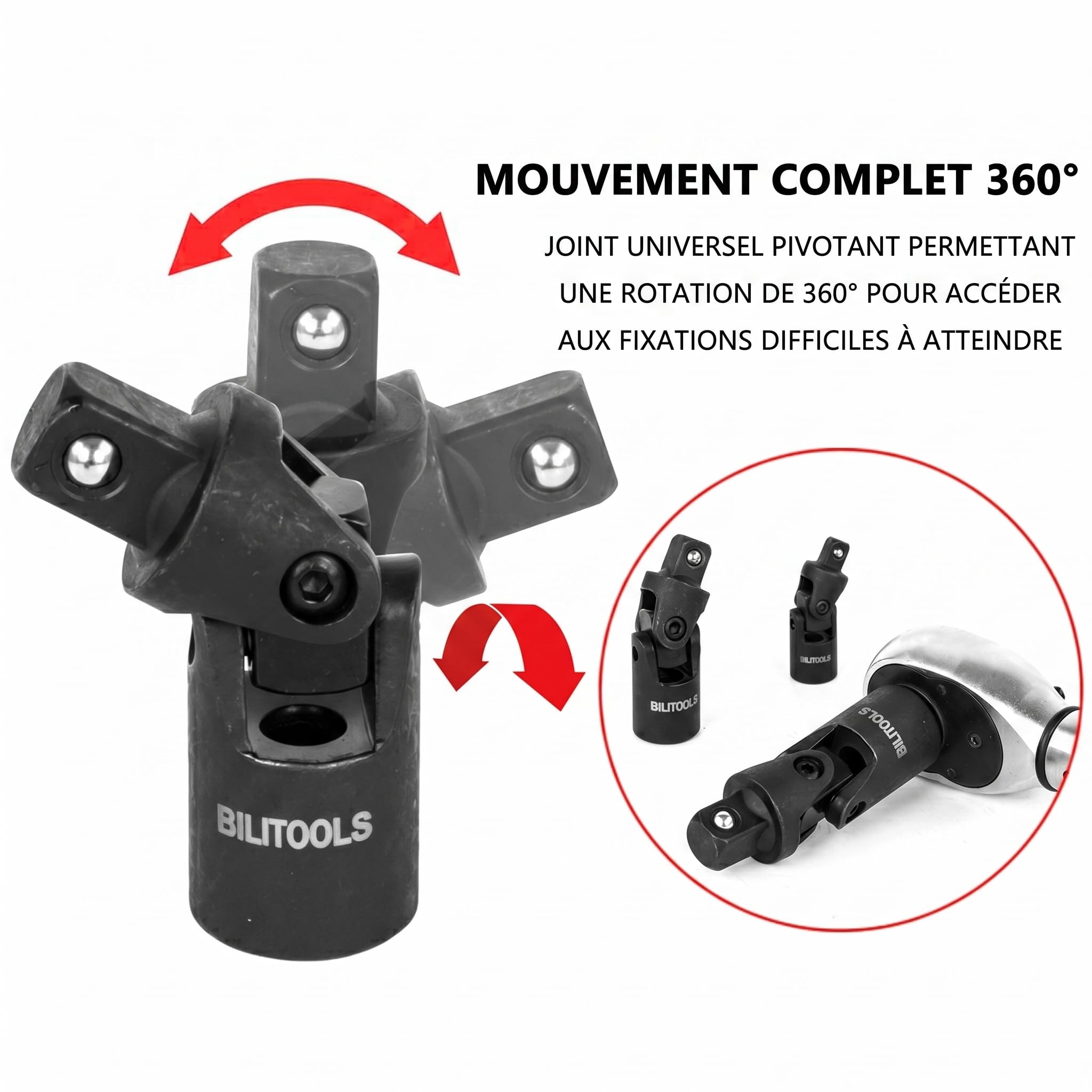 BILITOOLS Rallonge Cliquet 18 pièces 1/4", 3/8", 1/2" Jeu en acier Cr-V