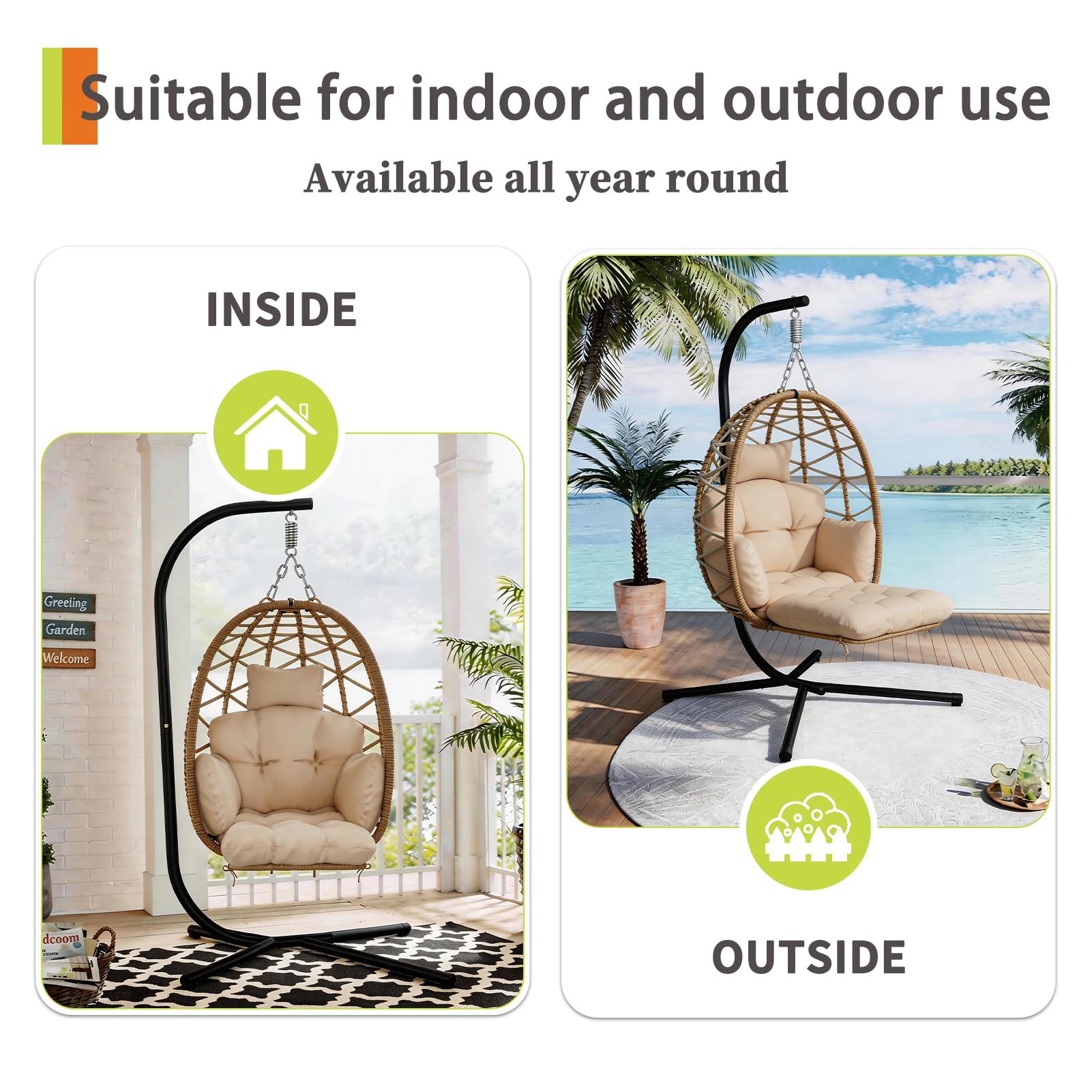 Silla colgante con estructura, cesta colgante con reposapiés y cojín grueso, sillón colgante de ratán, muebles para jardín, balcón, salón, soporta hasta 160 kg (beige)