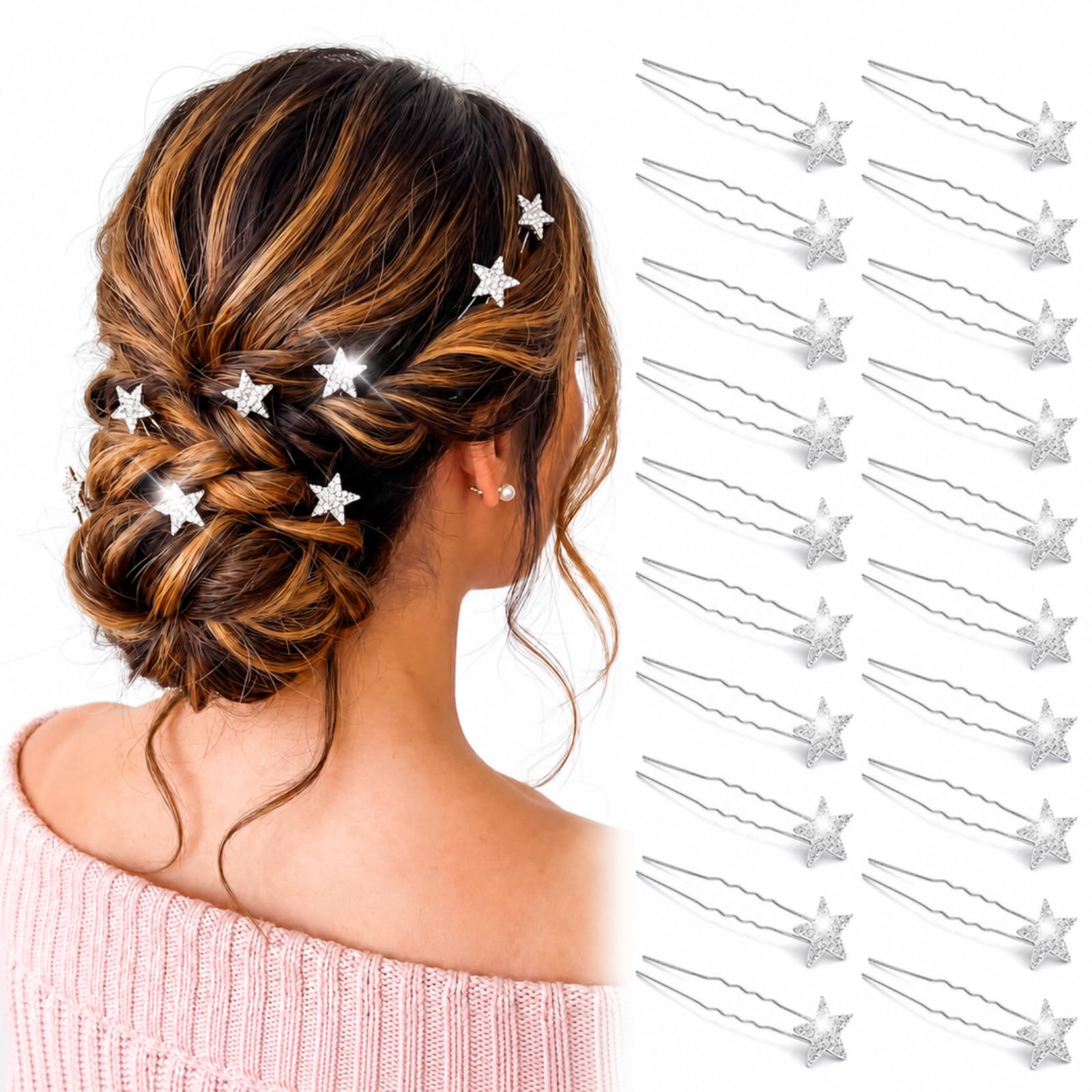 Mtlee 20 Pcs Star Hair Pins Rhinestone Hair Accessories for Women, Silver