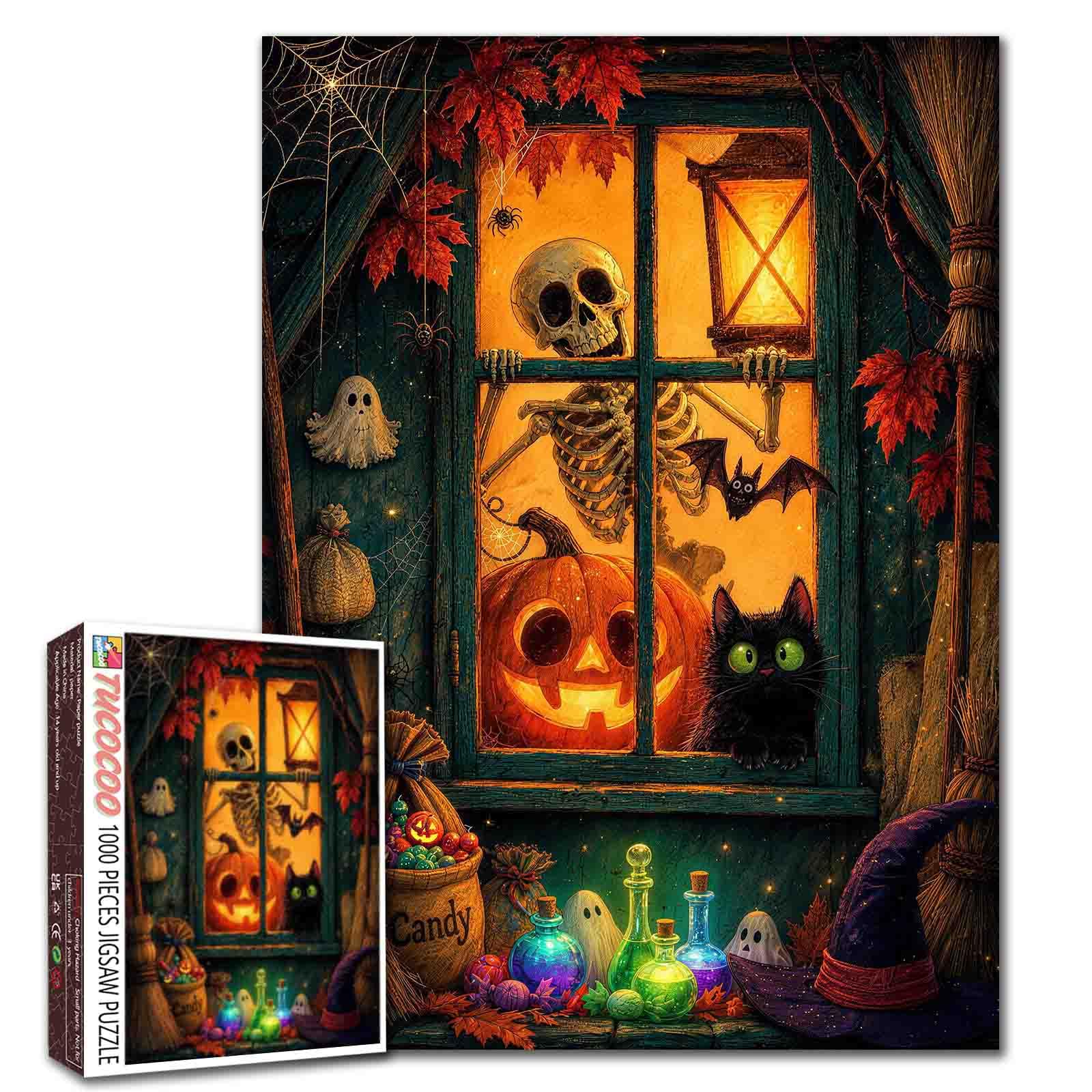 Halloween Window Surprise Jigsaw Puzzle Black Cat Pumpkin 1000 Pieces Puzzles for Adults Beginner Witch House Cottage Picture Challenging Family Activity Games DIY Crafts Puzzle for Home Decor Gifts — image 1