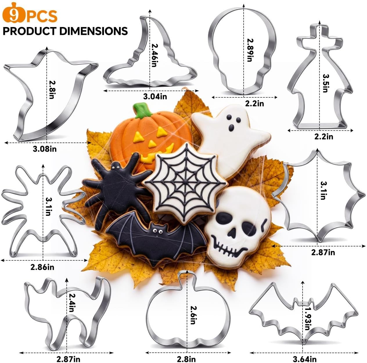Halloween Cookie Cutters Set 9 Pieces, Metal Cookie Cutters Shapes - Bat, Ghost, Pumpkin, Cat, Witch's Hat, Spider, Spider Web, Skull, Tombstone, Stainless Steel Biscuit Molds for Party Decorations