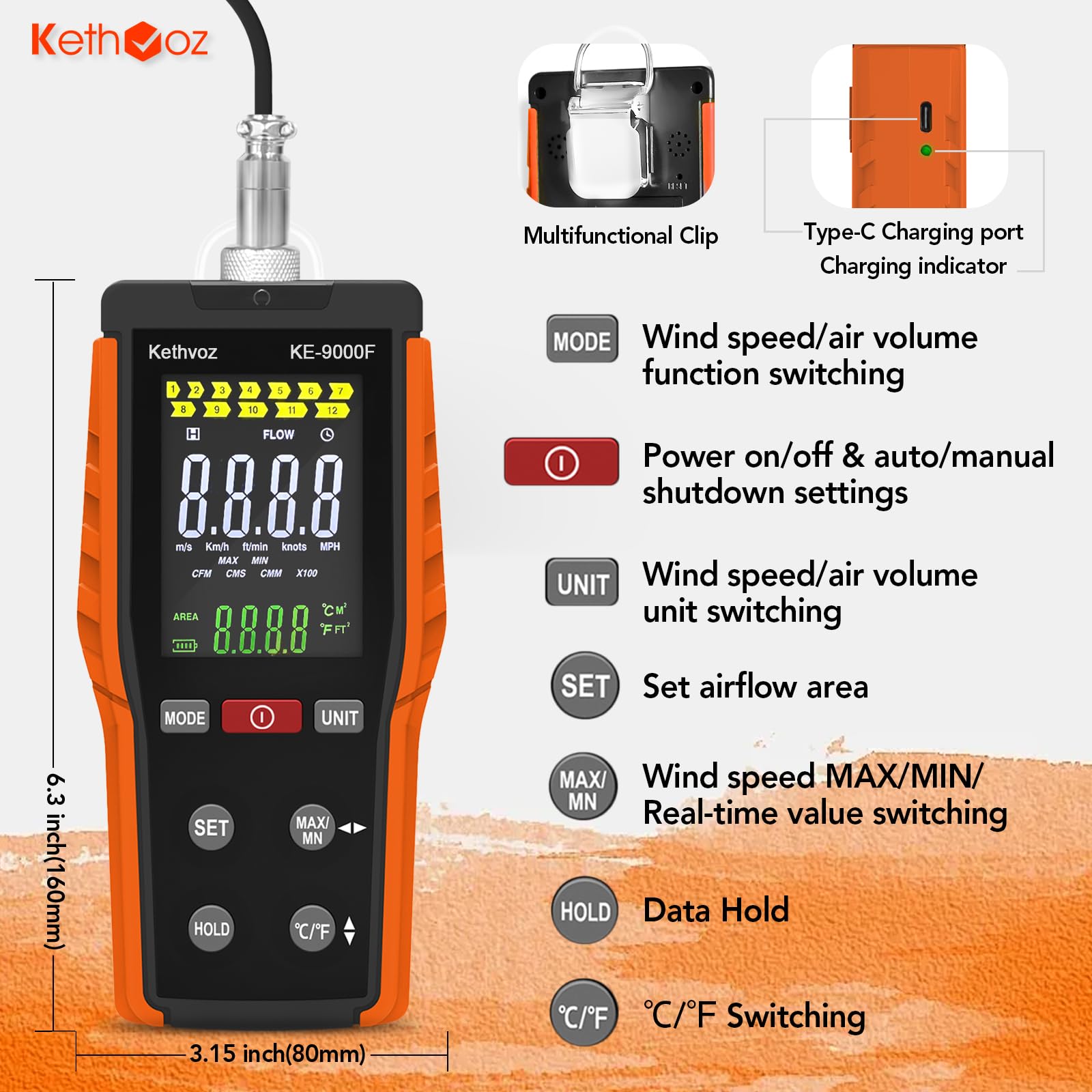 Windmesser, Thermisches Anemometer für Windgeschwindigkeit, Temperatur, Volumen, Kethvoz HVAC Windmessgerät, 0-999900 ft³/min CFM/CMM, 0.1-30M/s, mit Hitzdrahtsensor, Max/Min/Data Hold