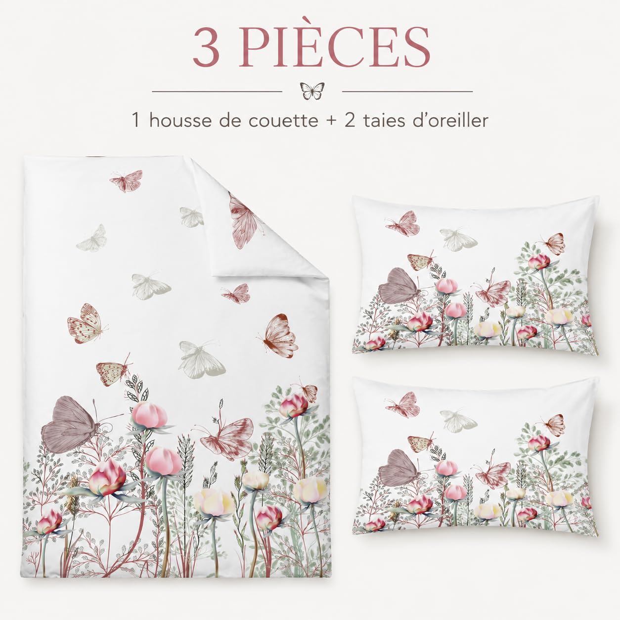 Housse de Couette 220x240 cm Blanche Fleur Parure de Lit Adulte avec Fermeture Éclair, Papillon Linge de Lit Parure Housse Couette 2 Personnes en Microfibre + 2 Taie d'oreiller 65x65 cm