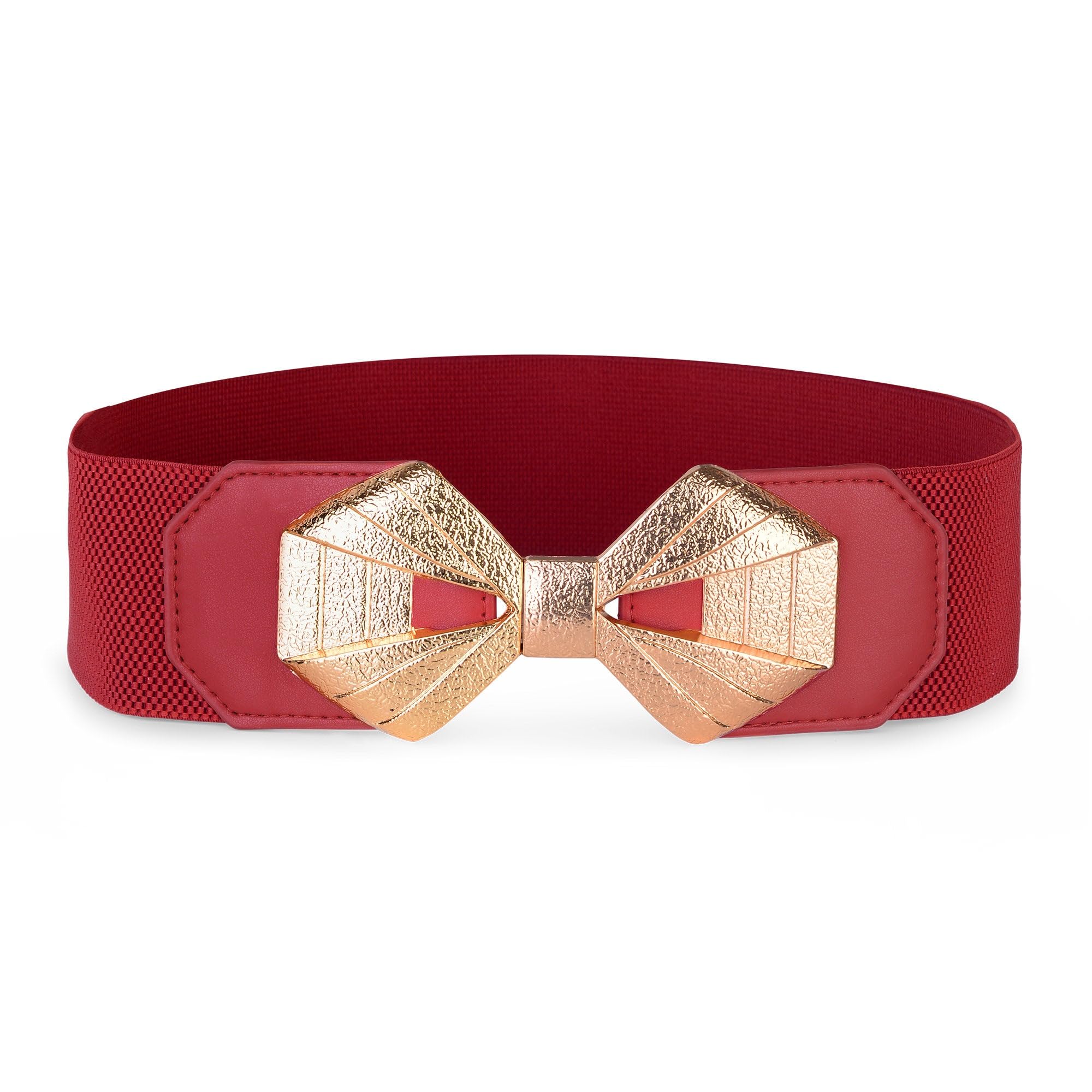 BlackButterfly Wide Elastic Cinch Stretch Waistband Retro Gold Bow Buckle Waist Belt (Red, XXL)
