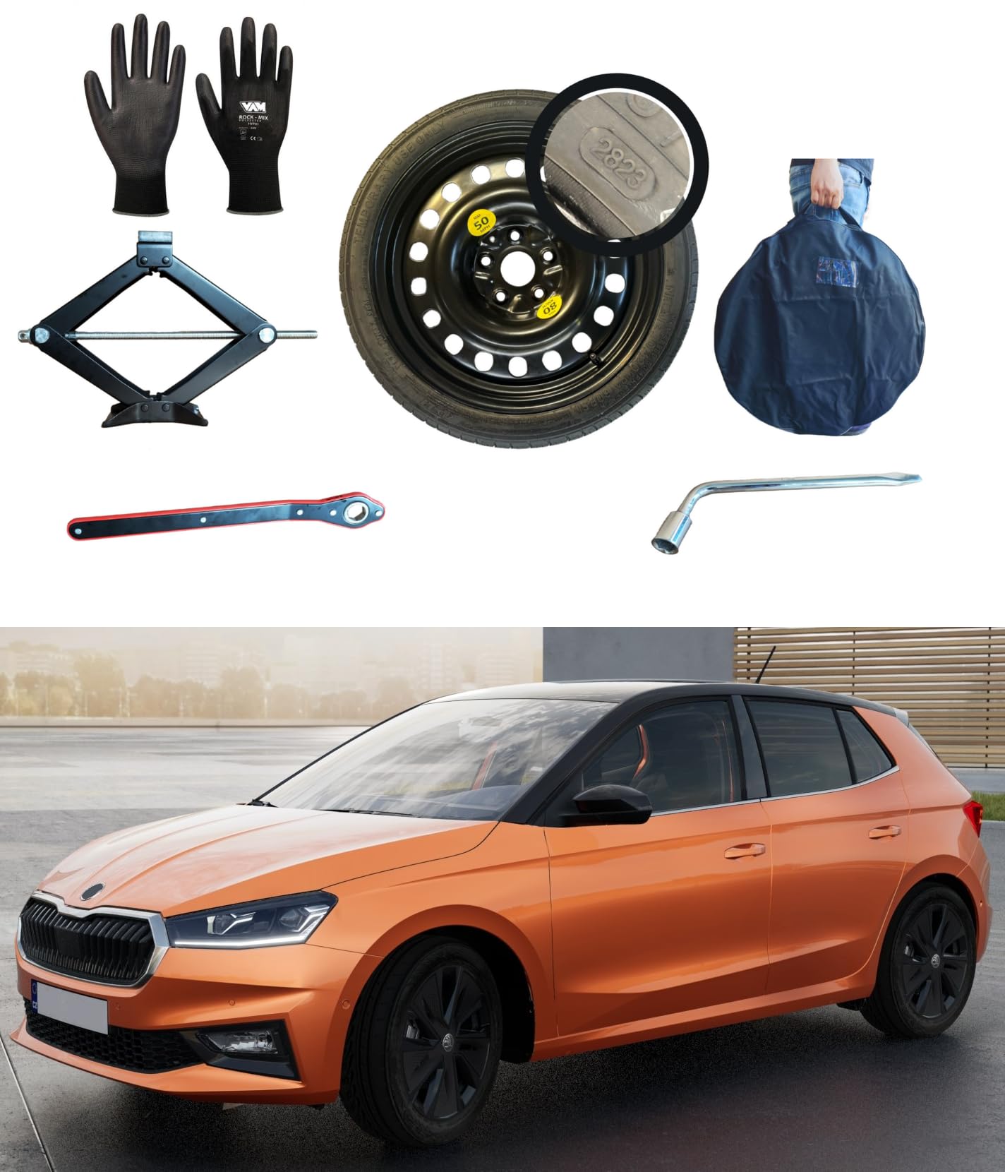 Kit Ruotino di Scorta 15" compatibile con Skoda Fabia con Cric, Chiave, Guanti e Sacca