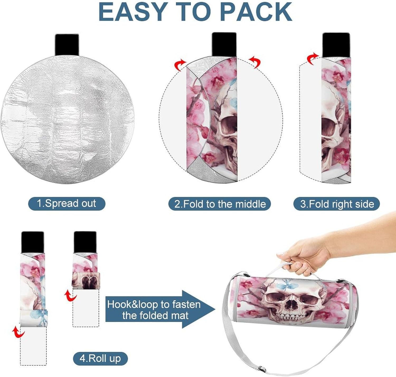 Human Skull Pink Flowers Picnic Mat Lightweight Waterproof Picnic Blankets Extra Large Picnic Outdoor Blankets Foldable Sandproof Beach Blanket for Park Beach Camping Courtyard 58.3''x58.3''