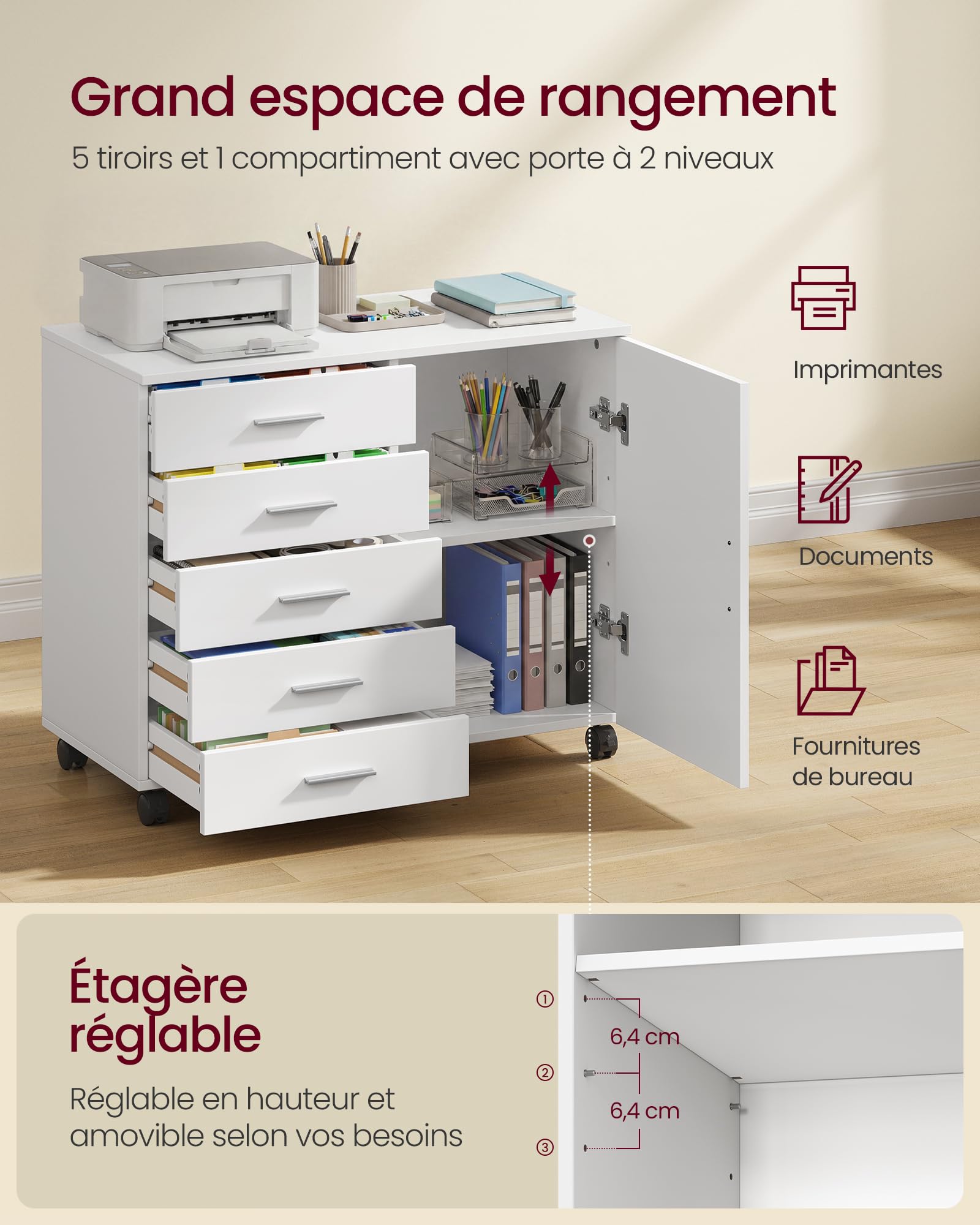VASAGLE Caisson de Bureau, Meuble de Rangement avec 5 Tiroirs et 1 Porte, Support Imprimante sur roulettes, 80 x 40 x 65 cm, Blanc, pour Bureau à Domicile, Collection Custos OFC092WB02