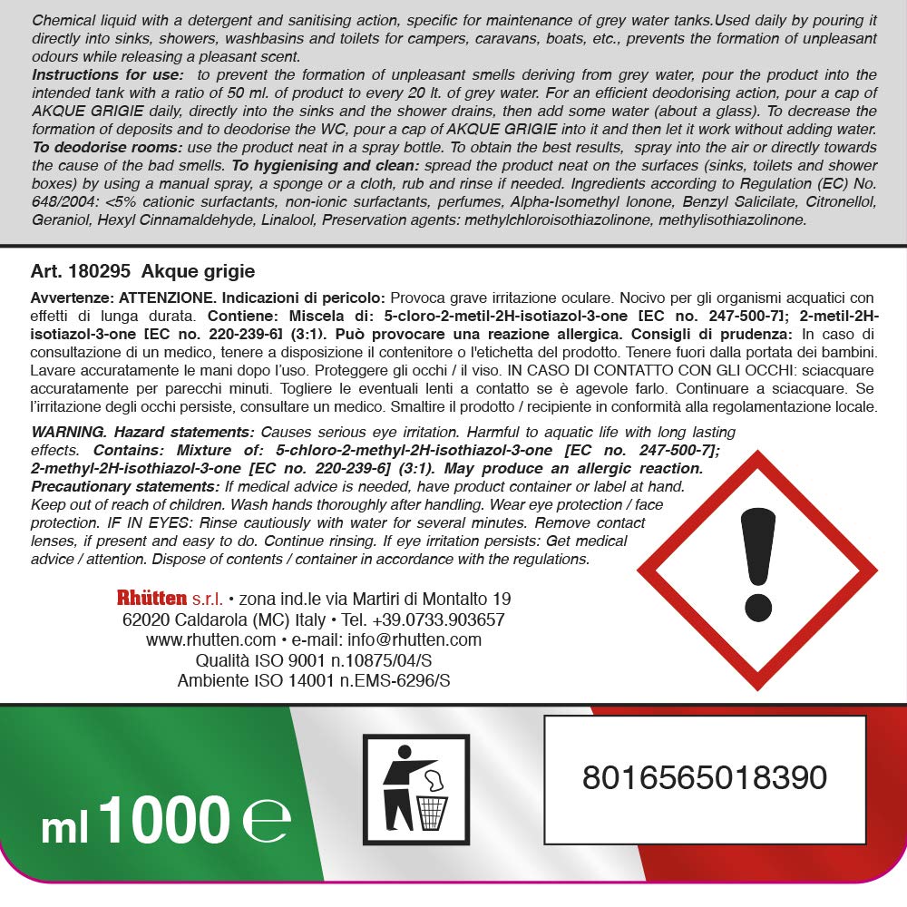 Rhutten Liquido Igienizzante per Acque Grigie Camper, Antiodorante e Igienizzante per Acque Chiare, 1L