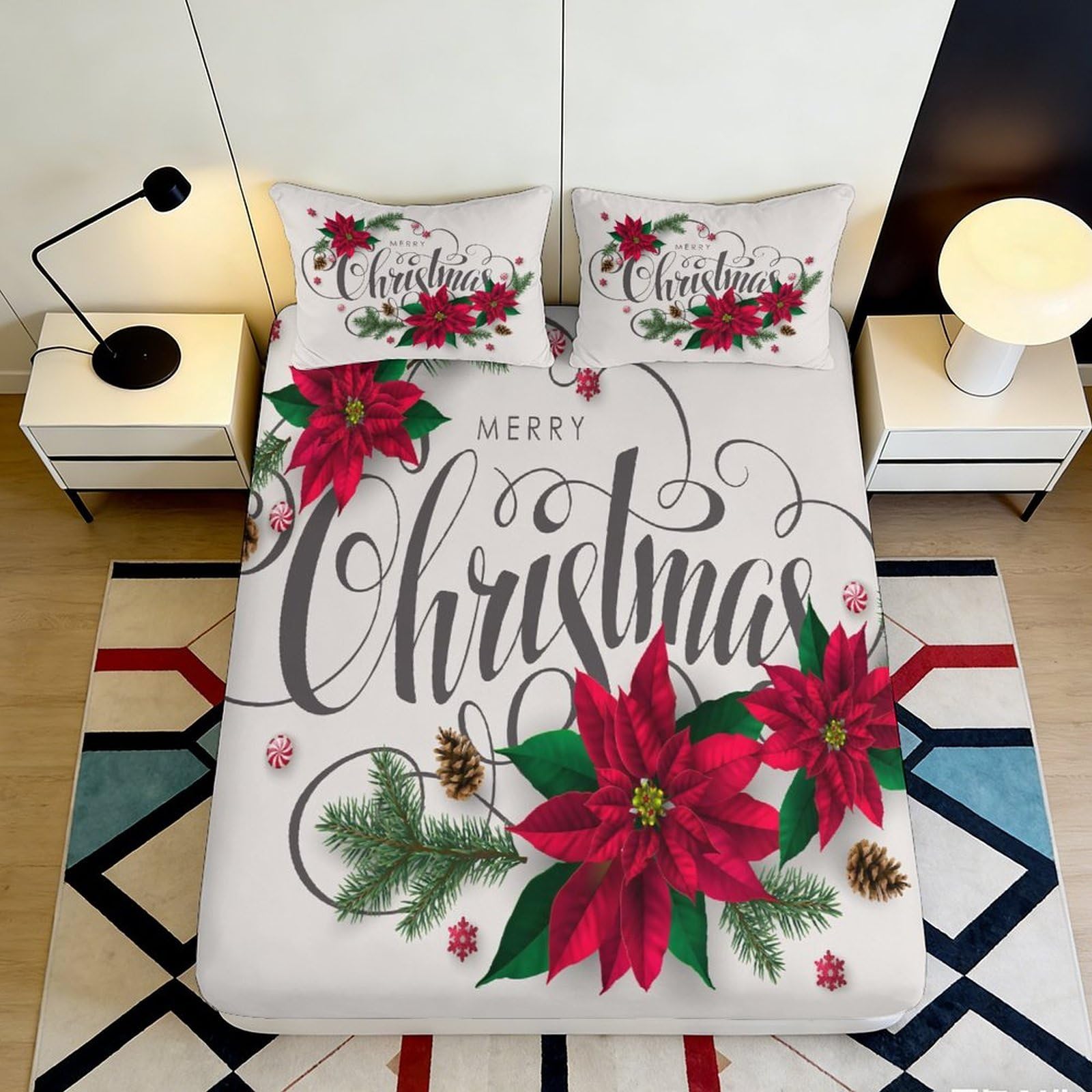 3D Printed Christmas Poinsettia Fitted Sheet Microfiber Anti-Slip Bed Cover Merry Pine Cone Decor for Bedroom Guest Room 180x200x25cm