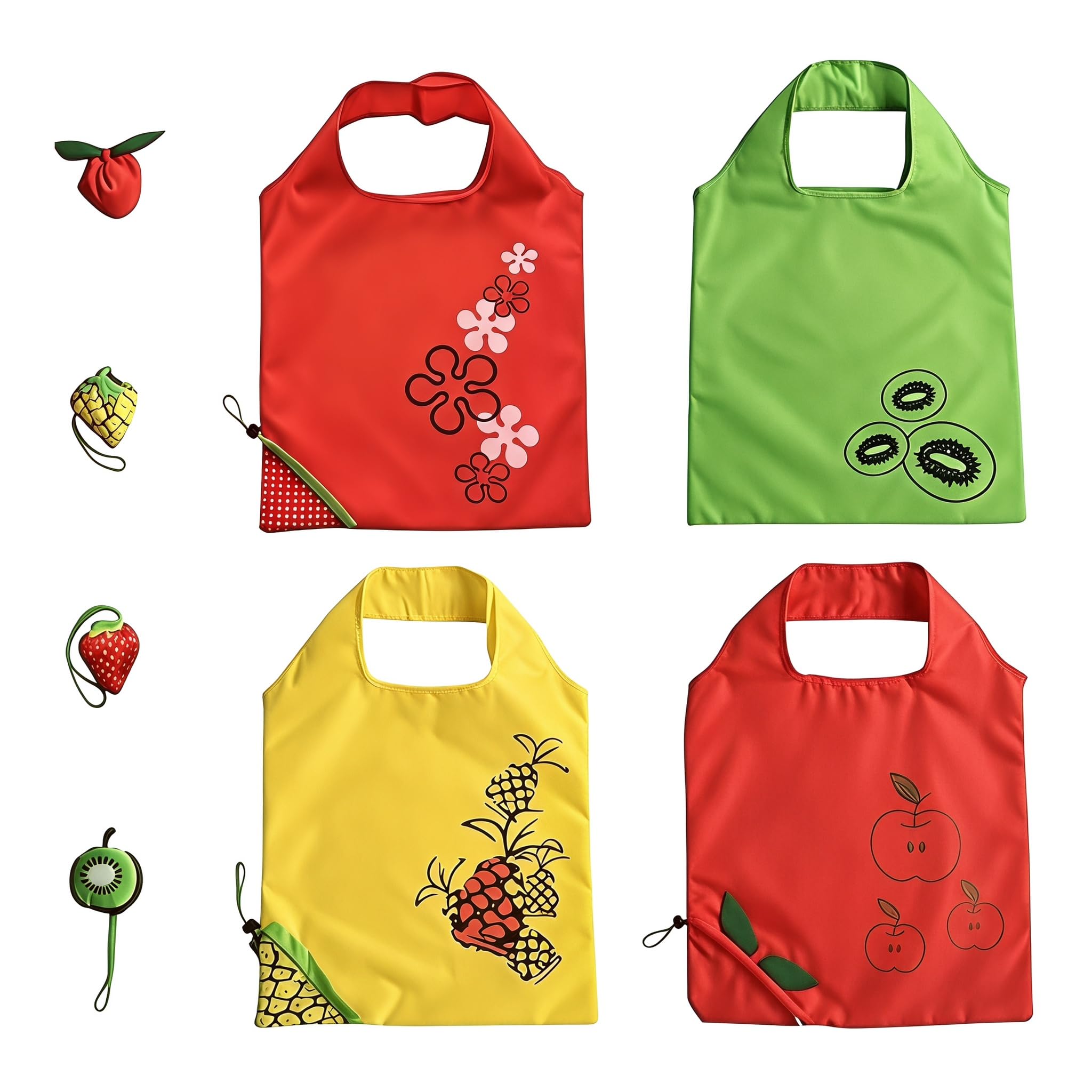 XIAOjnHONG 4 Pcs Folding Shopping Bags, Foldable Shopping Bag in Fruit Designs Patterns Portable Reusable Tote Bags Lightweight and Durable (Strawberry Grape Pineapple Orange)