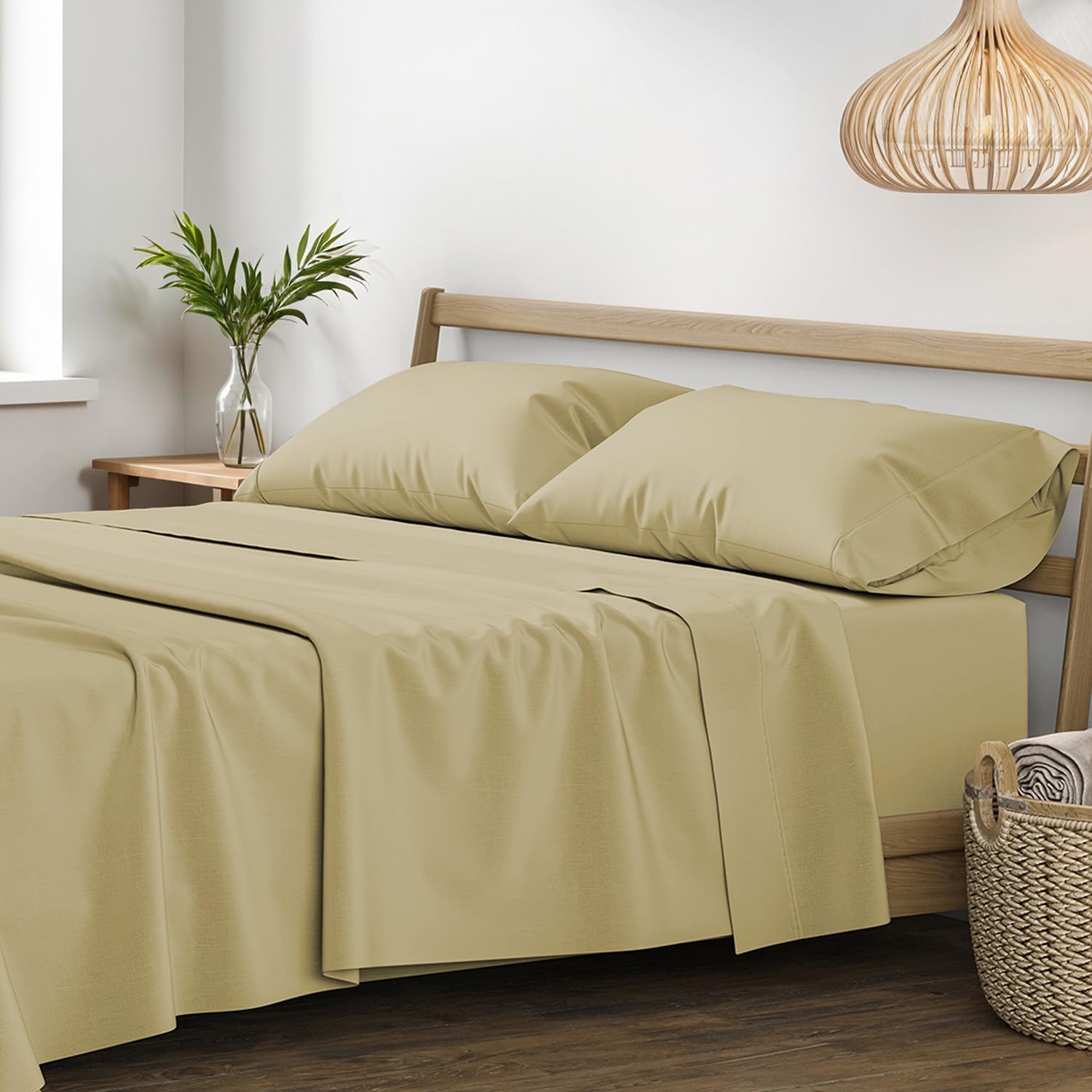 XOOX Linen 100% Egyptian Cotton Queen Sheet Set - Luxury 1200 High Thread Count Egyptian Cotton Sheets Queen Size Bed Set (4 PC, Beige), Silky Soft,