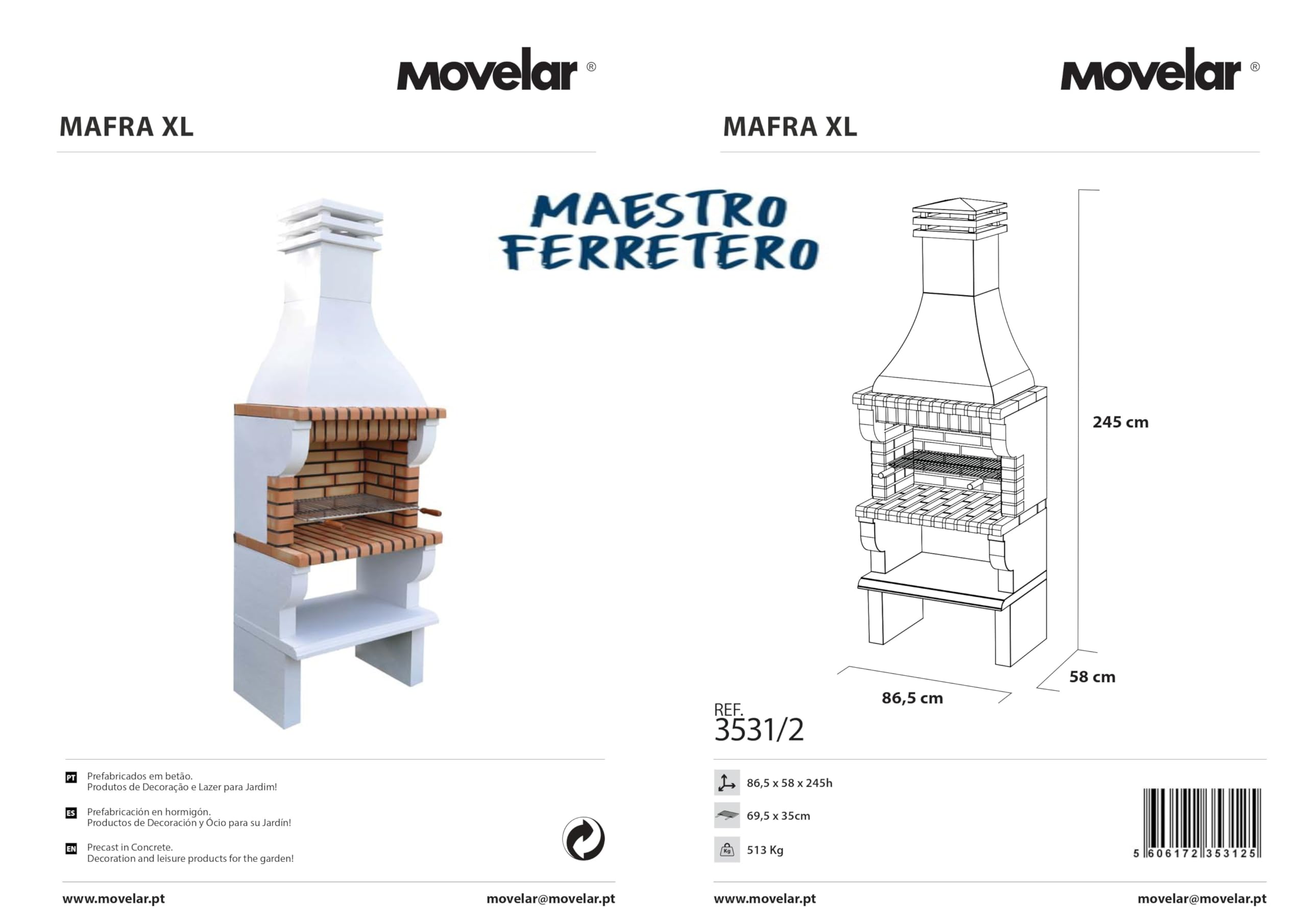 MOVELAR - Barbacoa de Obra Prefabricada de Leña y Carbón Modelo Maipu XL (Gris, Naranja - 86,5 x 58 x 245 cm) REF: 3531/2 - Cocina de Exterior con Parrilla Mellada para Jardín o Terraza