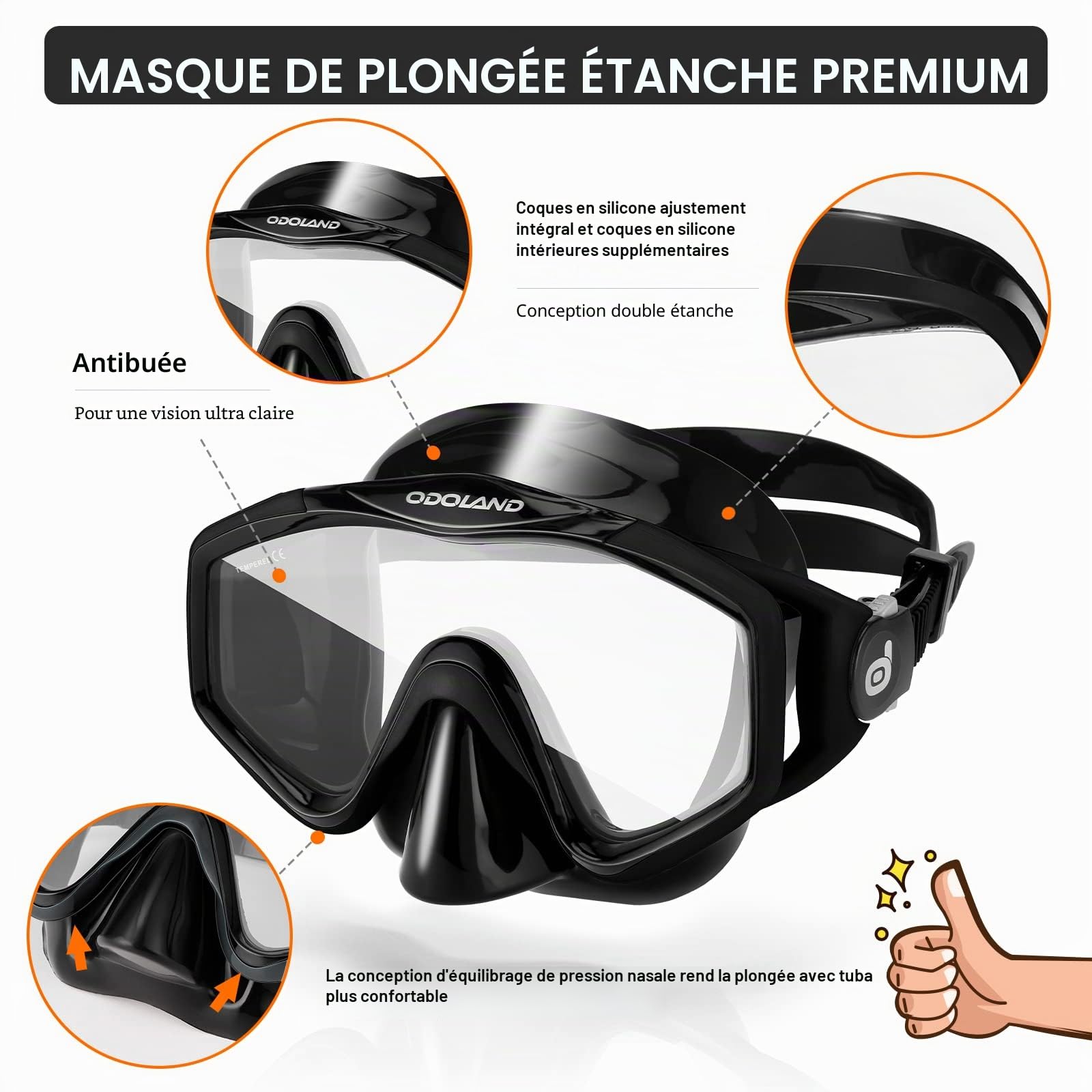 Odoland Set de Plongée 3 en 1 180° Vue Panoramique Masque Plongée et Tuba, Anti Fuite et Anti Buée, Palme Réglables, pour Adultes et Adolescents,Noir, L/XL(42-47)