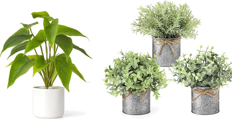 Mini plantas falsas en centro de mesa de granja, decoración rústica del hogar, plantas artificiales ligeras en macetas de eucalipto sintético para estante interior, comedor, decoración de oficina