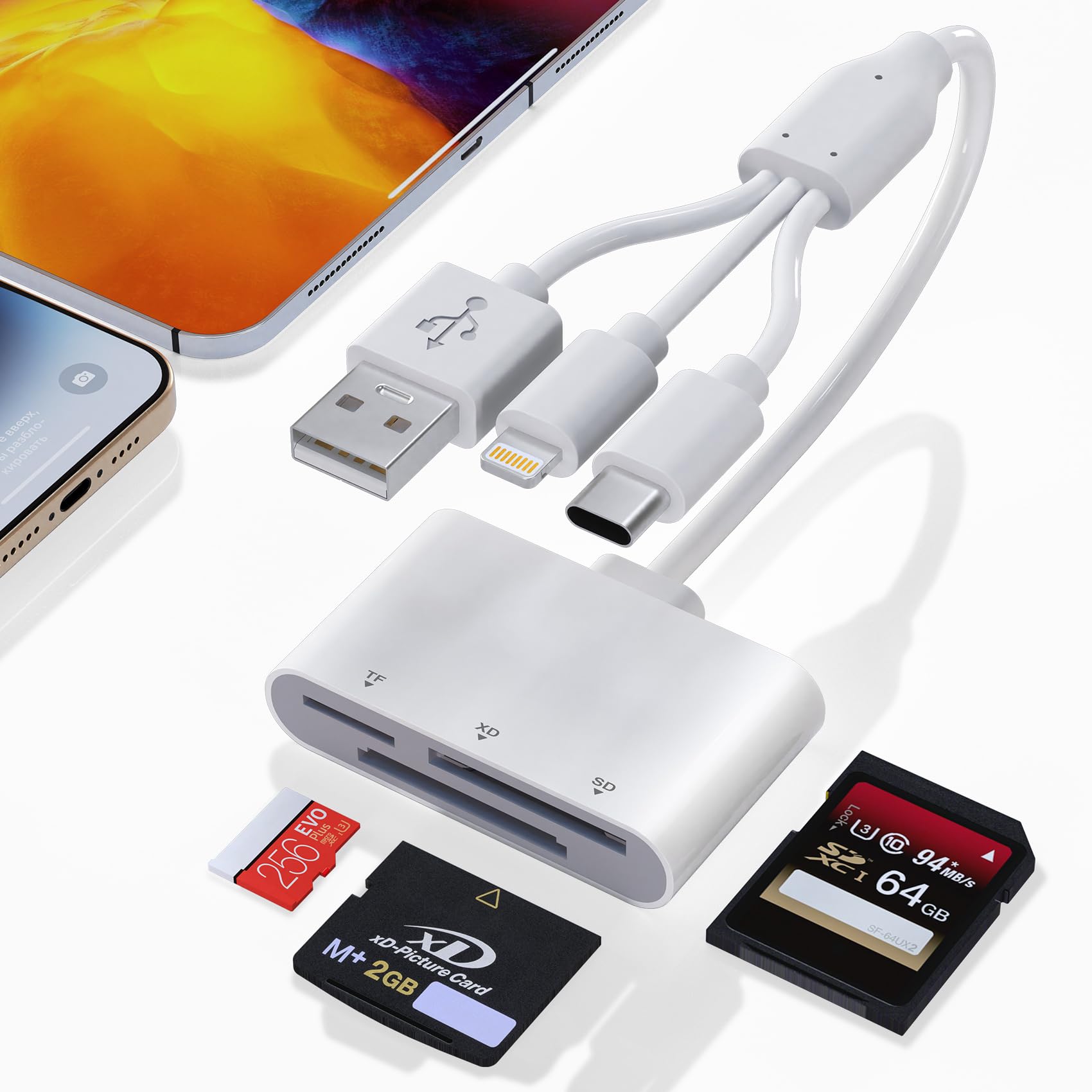Lector de tarjetas XD, lector de tarjetas SD para iPhone/Lightning/USB C/USB, 3 en 1 MicroSD/SD/xD, lector de tarjetas de memoria, adaptador de teléfono, uso para Android, iPhone 16/15/14, iPad