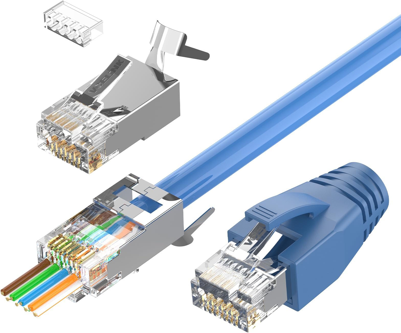CAT6A Connector, RJ45 Connectors Pass Through CAT6A CAT7 Shielded, UL-Listed 3-Prong Gold Plated, CAT7 Connector with Strain Relief Boots (RJ45 Connector-Transparent, Blue, 30-Pack)