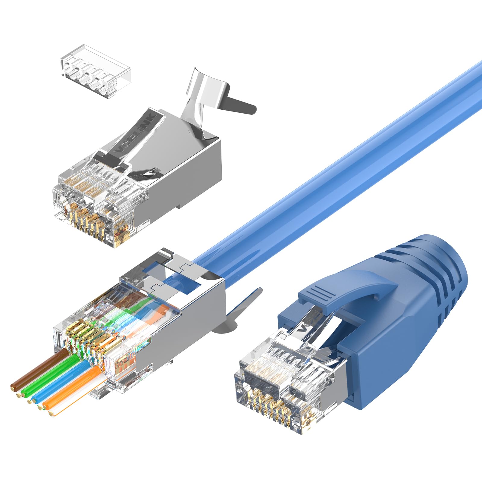 VCELINK 30-Pack CAT7 CAT6A Connector, RJ45 Connectors Pass Through CAT6AShielded, UL-Listed 3-Prong Gold Plated, CAT7 Connector with Strain Relief Boots (RJ45 Connector-Transparent, Blue)