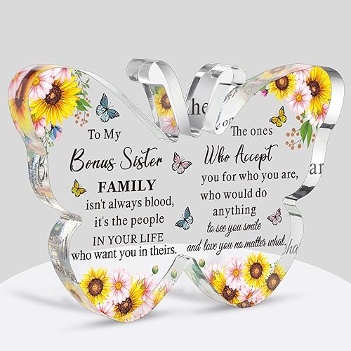 Barydat to My Bonus Sister Acrylic Christian Gifts Bible Verses Religious Gifts for Women Men Inspirational Scripture Gifts Butterfly Prayer Room