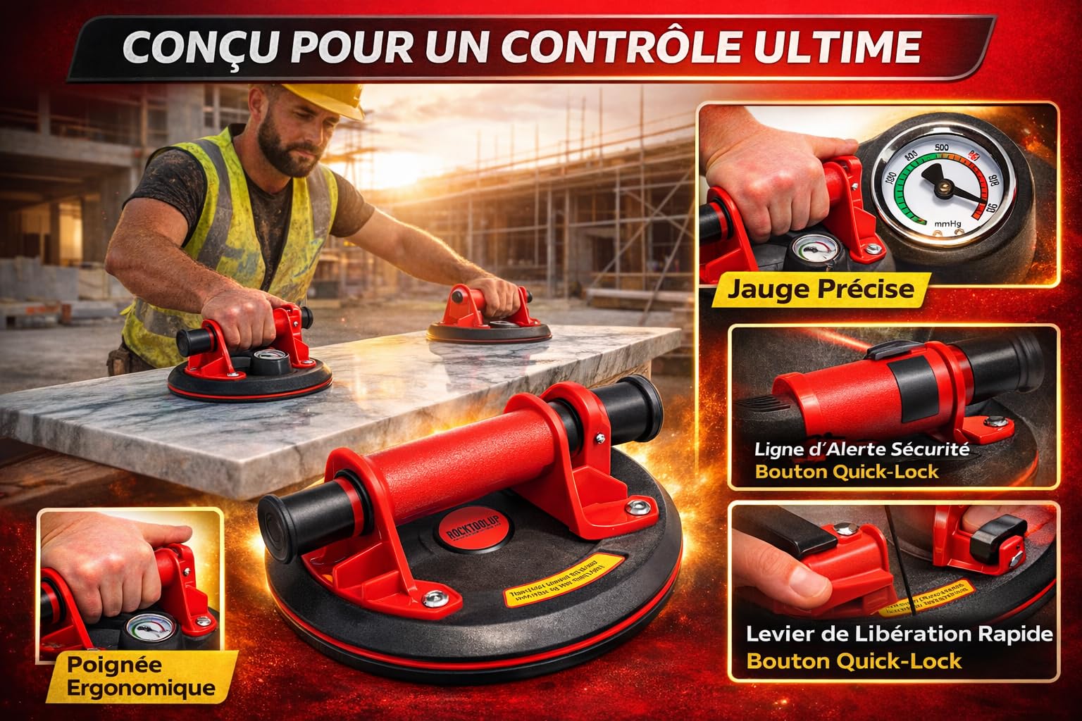 2 Ventouses Carrelage RockToolUp 200mm avec Manomètre | Capacité jusque 400kg, Professionnelles, Pour Carreaux, Pare-brise, Meuble, Déménagement, Kit & Malette incluse