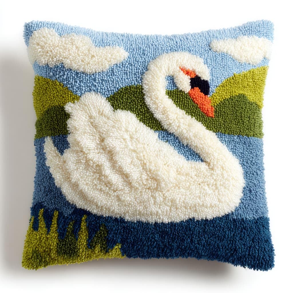 Taxpy DIY Latch Hook Kits, White Swan Pillow with Printed Canvas Handmade Cushion Crochet Yarn Embroidery Hook and Latch Kit Pillowcase 43x43cm