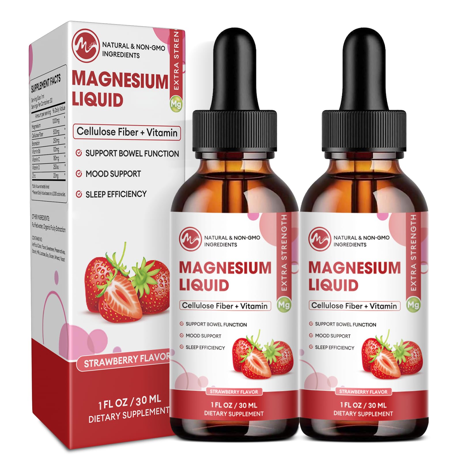 M inch Magnesium Glycinate Liquid, High Absorption Magnesium Liquid Drops with Cellulose Fiber, Bromelain, Vitamin B6, C, D, Zinc, Magnesium Supplement for Kids and Adults, Strawberry Flavor, 2 Pack