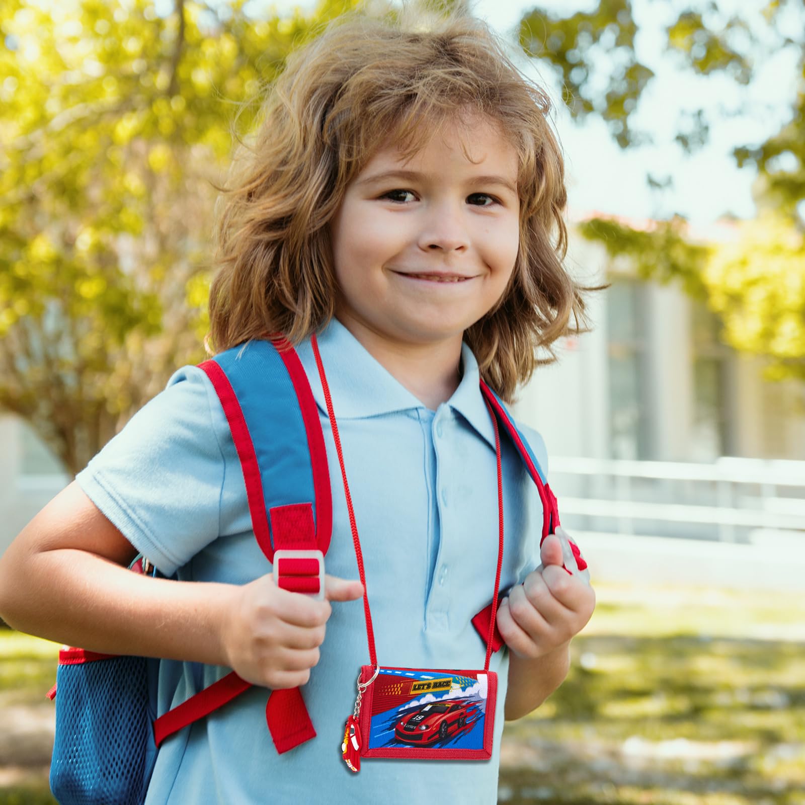 Hestya Porte-Monnaie pour Enfant Garçon Fille Portefeuille en Nylon avec Porte-Clés Pochette Tour de Cou de Voyage Portefeuille à Trois Volets Cadeau d'anniversaire(Course)