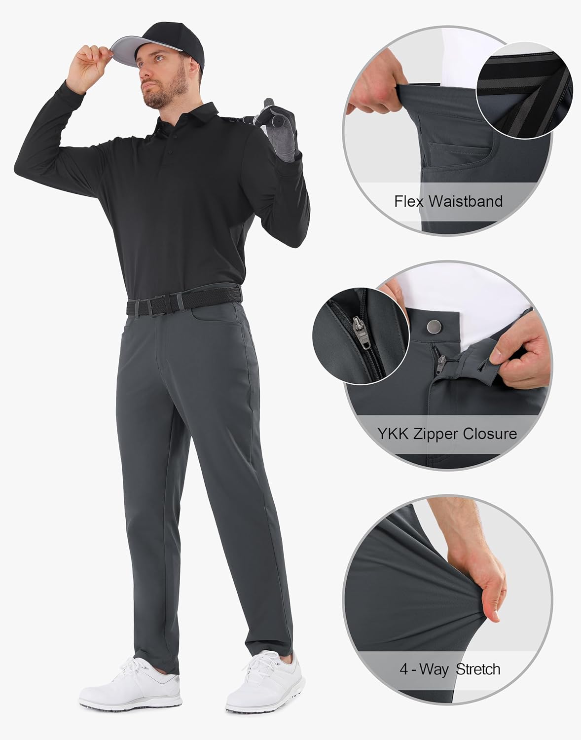 Mens Golf Pants Stretch 5 Pocket Classic Fit 30"/32"/34" Quick Dry Water-Resistant Dress Casual Work Trousers