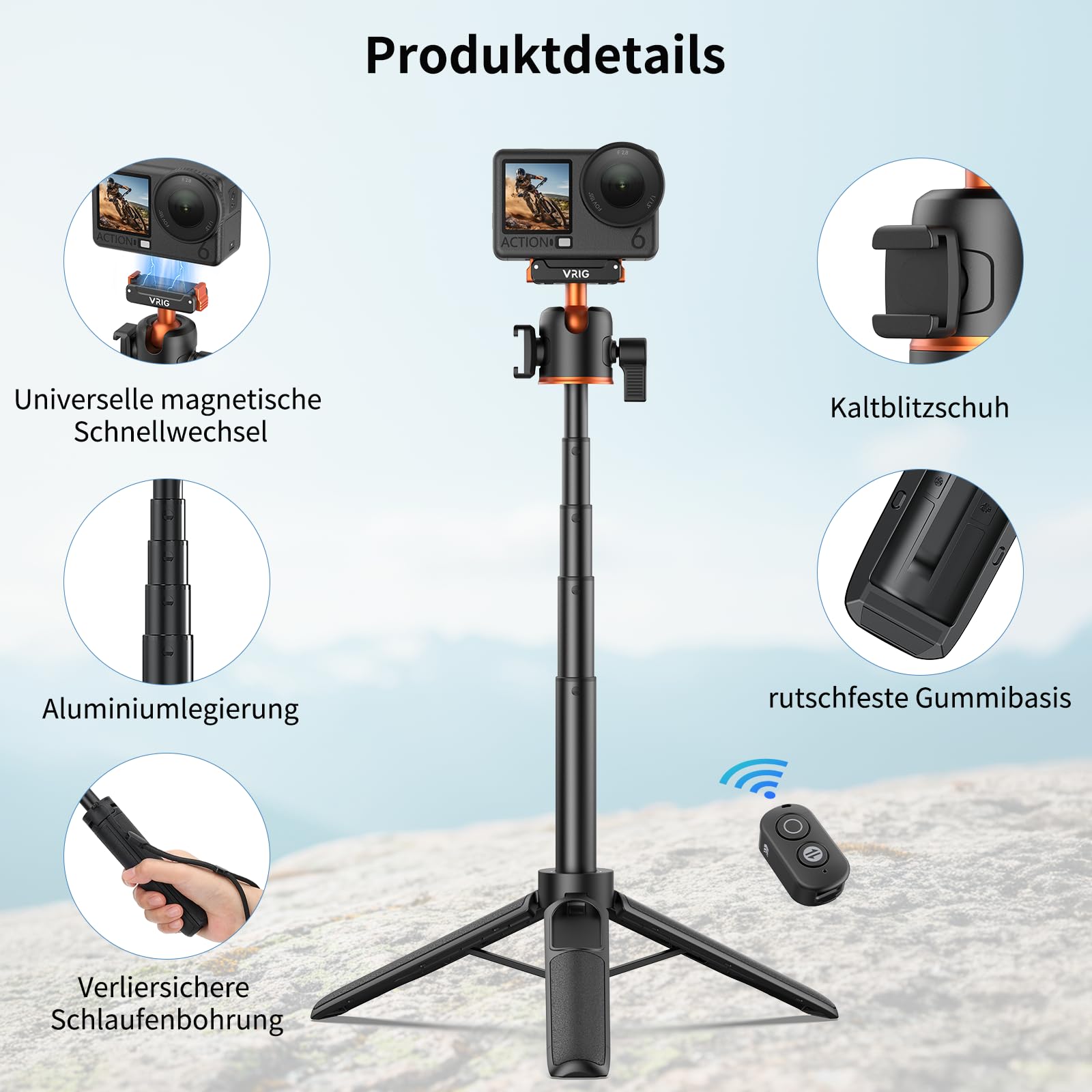 VRIG AC-90S Selfie Stick Stativ für DJI Osmo Action 6/5 Pro/ 4/ Osmo 360 | 55 cm Verlängerungsstab mit Magnetischer-Schnellwechseladapter & Fernbedienung für Vlogs, Live-Übertragungen und Reisen