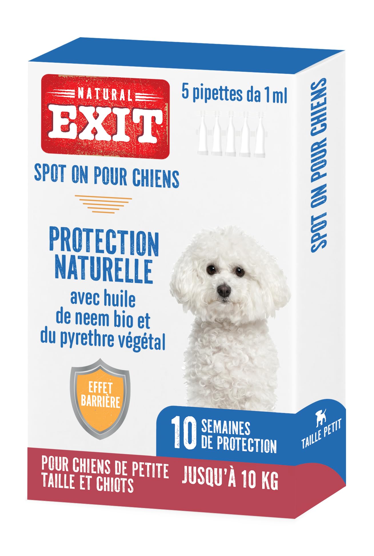 Spot on Antiparasitaire Naturel pour Chiens, 5 Pipettes Refermables Longue Durée, Protège Contre Puces, Tiques, Phlébotomes, Moucherons (Jusqu'à 10 Kg - Petite Taille et Chiots)