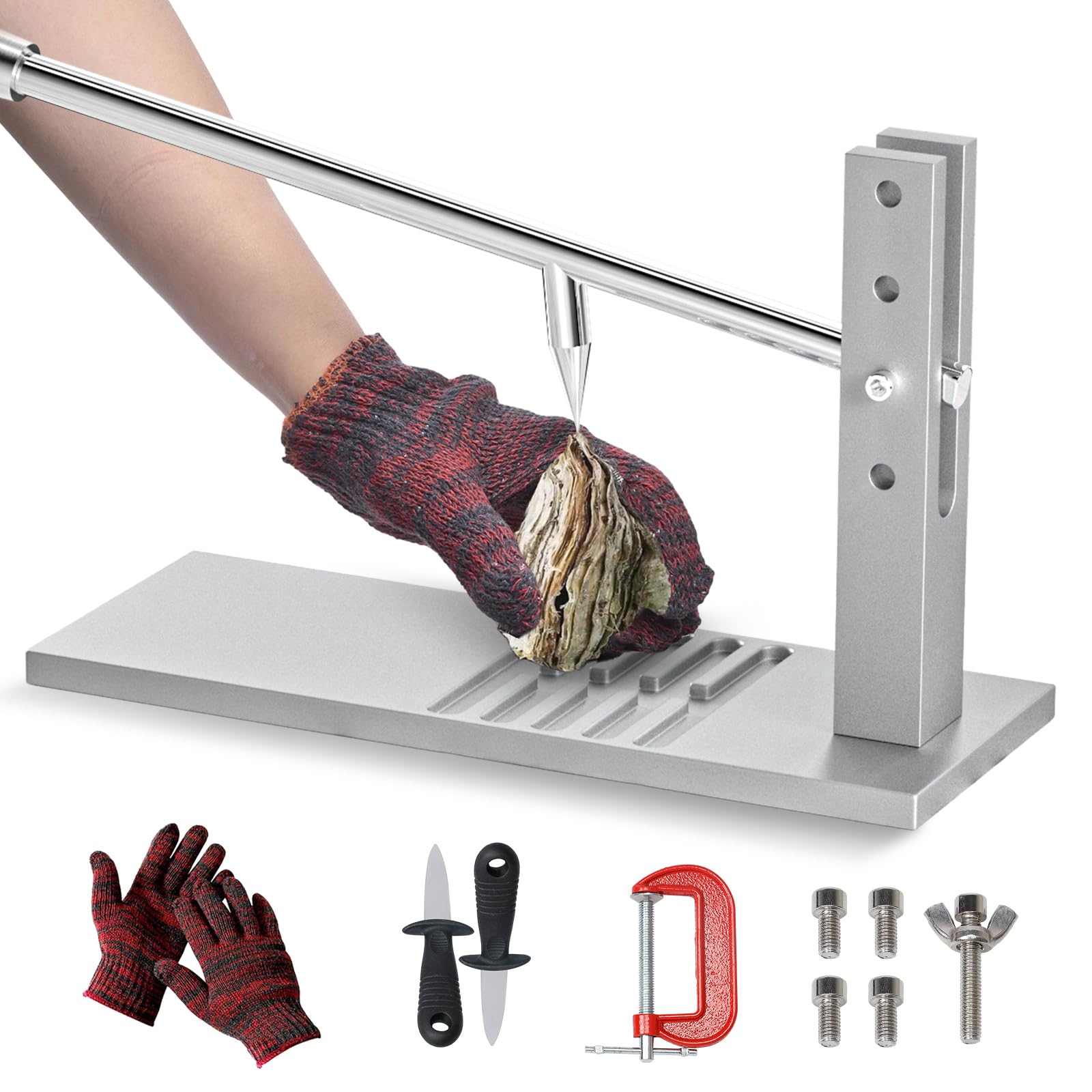 DoCred Oyster Shucker Tool Set, Stainless Steel Adjustable Oyster Clam Opener Machine Including Knives, Glove and g-Clip, Seafood Tools for Hotel Family Buffet