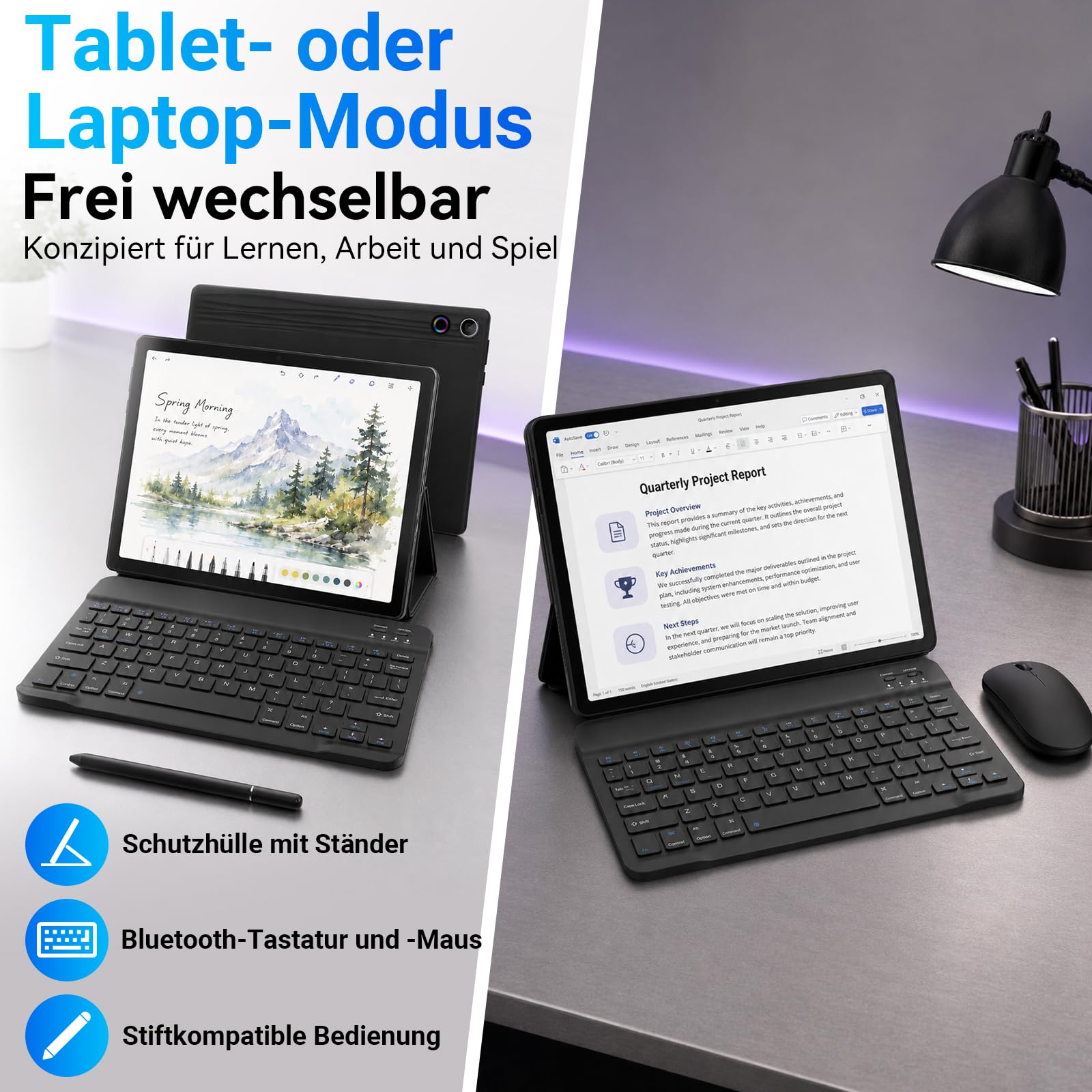 Tablet 10 Zoll Android 16 Tablets PC mit Schutzhülle Tastatur Maus Stift Kopfhörer Netzteil Kabel 20 GB RAM 64 GB ROM IPS 1280x800 Dual-Kamera 5 MP+8 MP 5000 mAh WiFi 6 BT 5.4 (Schwarz)