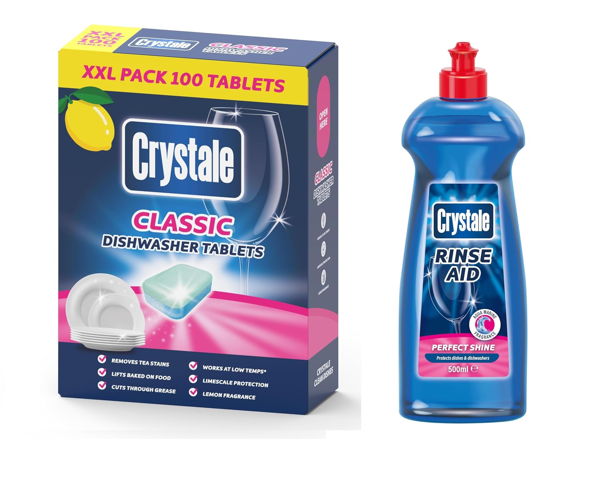 Dishwasher Tablets 100's with Crystale Dishwasher Rinse Aid 500ml
